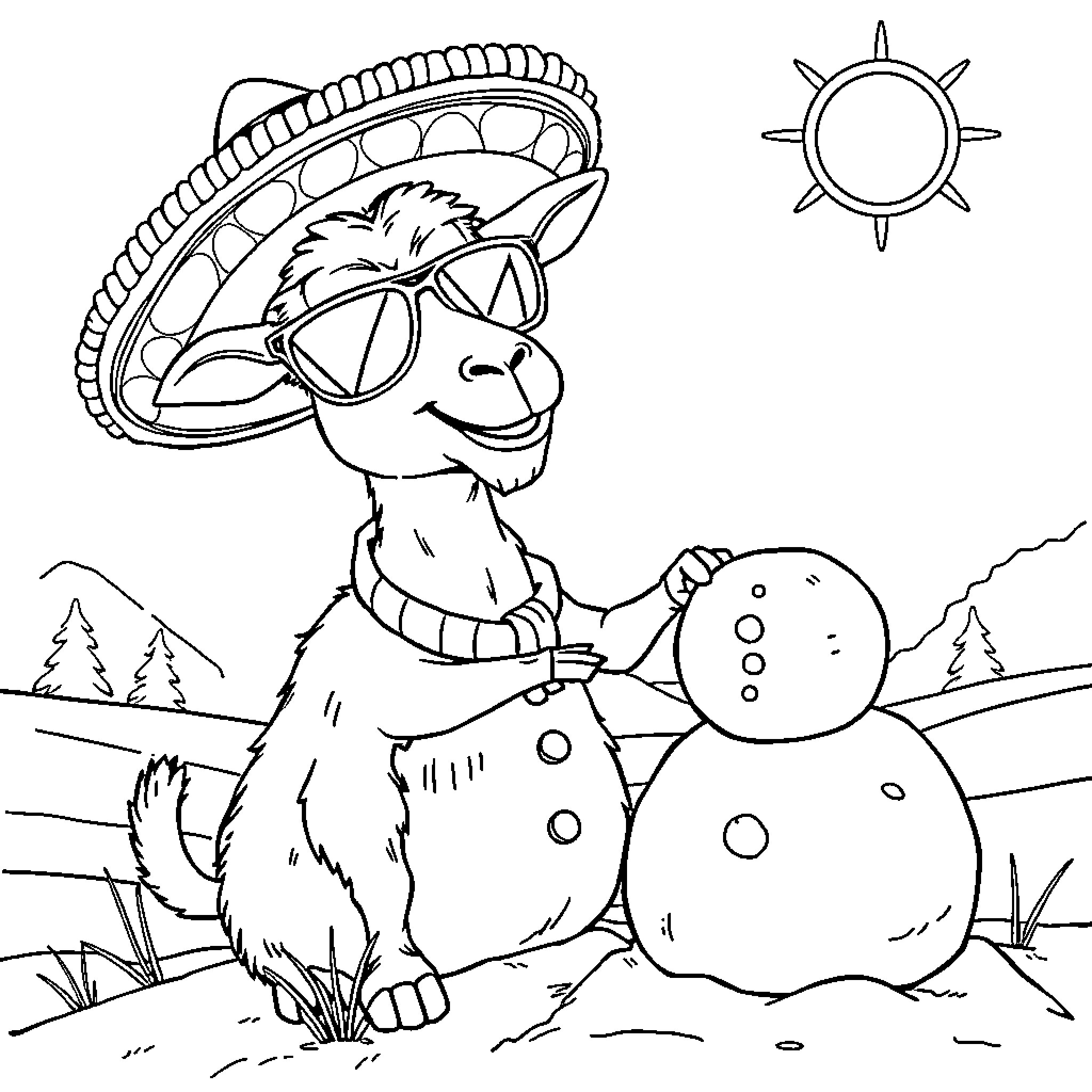 Goat wearing sombrero enjoying snowy scenery Coloring Page (free black-and-white line drawing printable PDF for all, from beginners to advanced learners, including children, teens, adults, and seniors)