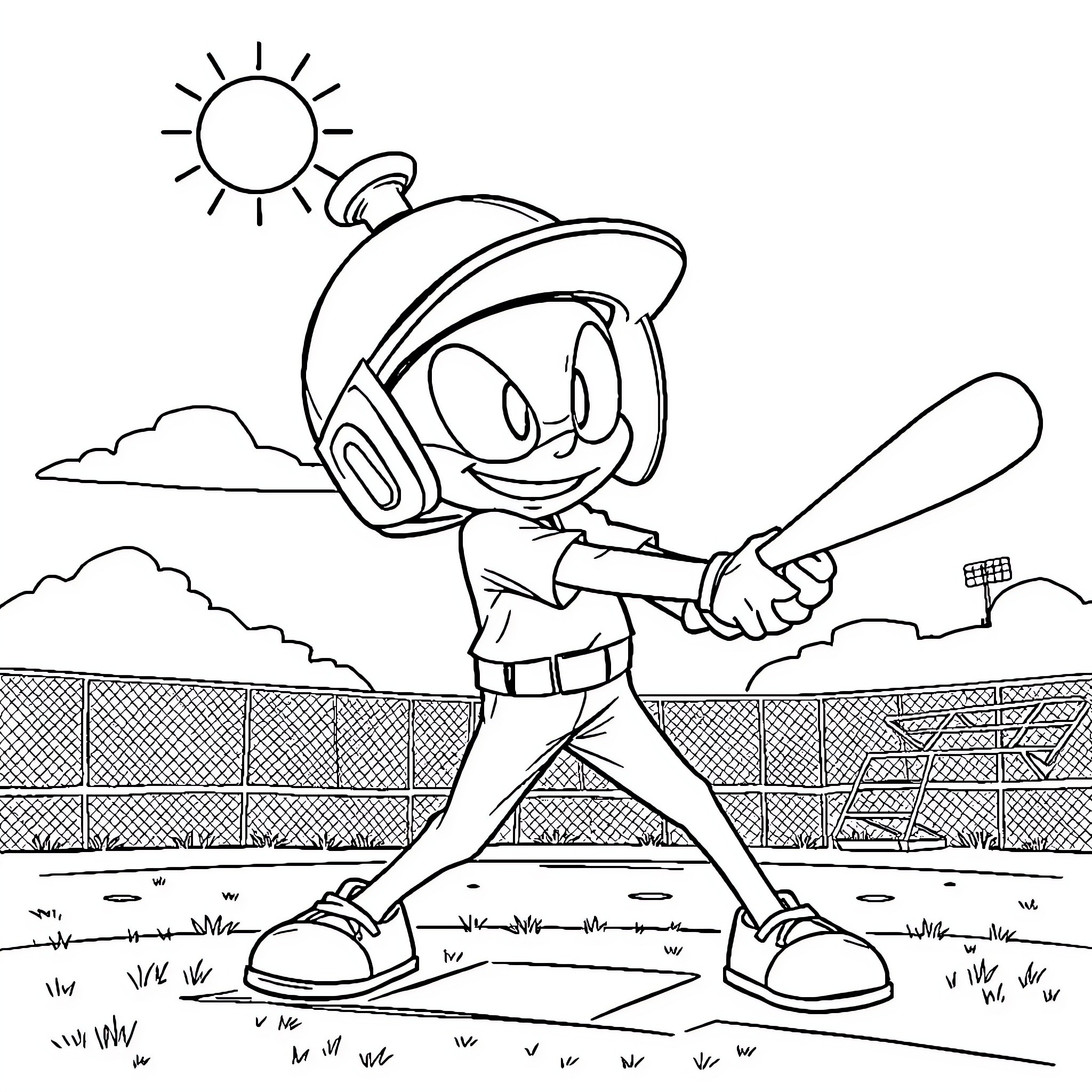 Marvin the baseball player on the field Coloring Page (free black-and-white line drawing printable PDF for all, from beginners to advanced learners, including children, teens, adults, and seniors)