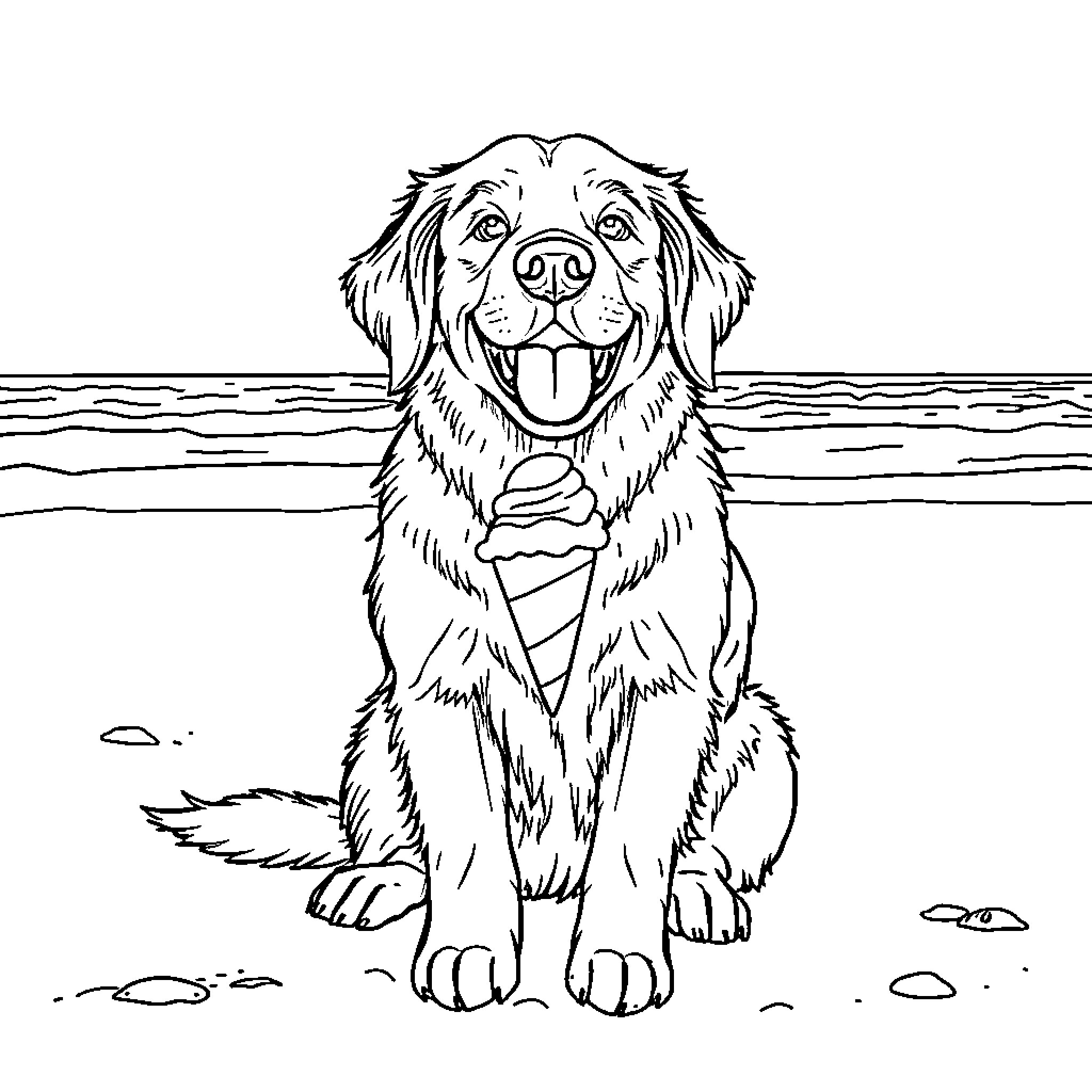Dog enjoying a sunny day at the beach Coloring Page (free black-and-white line drawing printable PDF for all, from beginners to advanced learners, including children, teens, adults, and seniors)