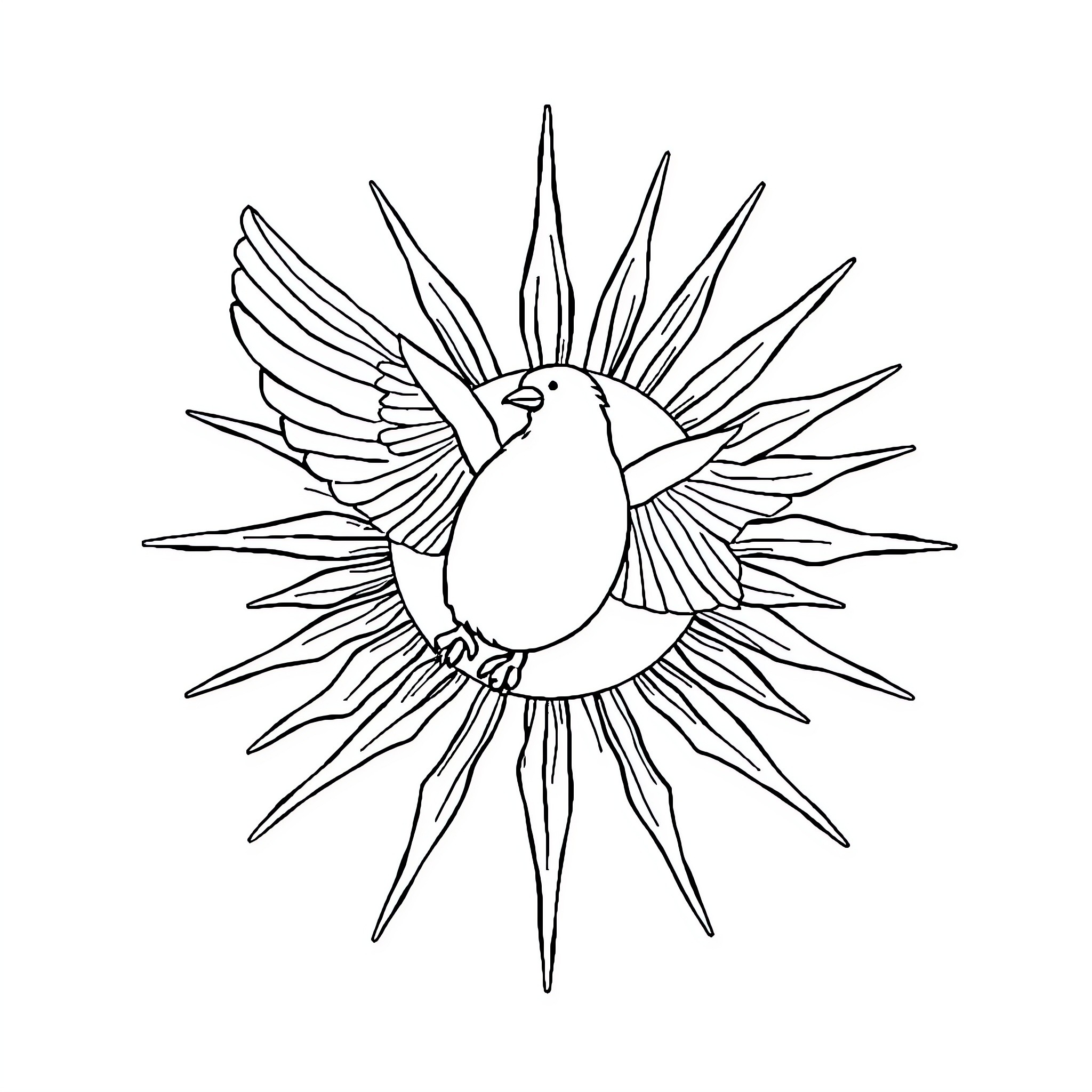 Soleil's Radiant Bird Silhouette Coloring Page (free black-and-white line drawing printable PDF for all, from beginners to advanced learners, including children, teens, adults, and seniors)