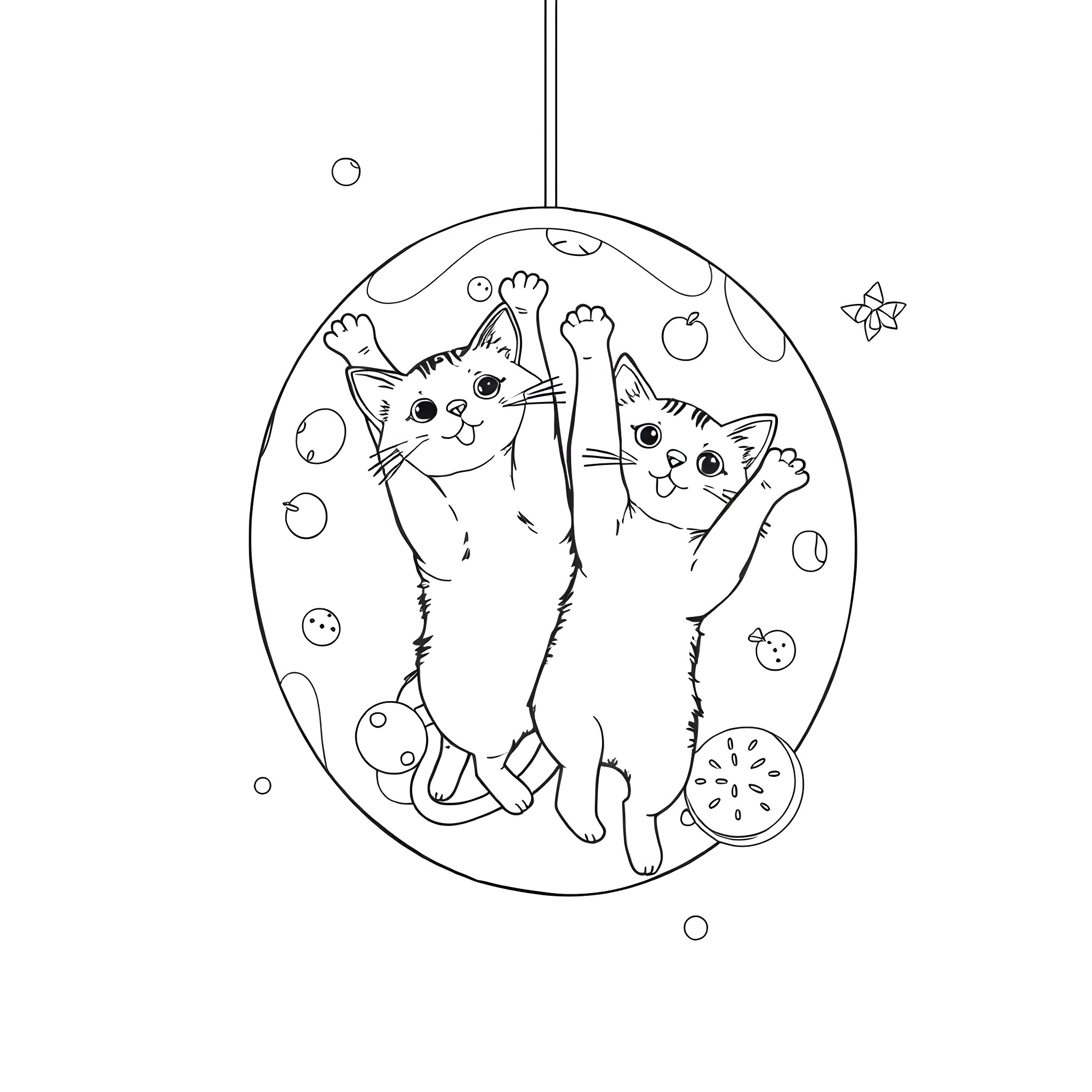 Cat playtime in a whimsical bubble Coloring Page (free black-and-white line drawing printable PDF for all, from beginners to advanced learners, including children, teens, adults, and seniors)