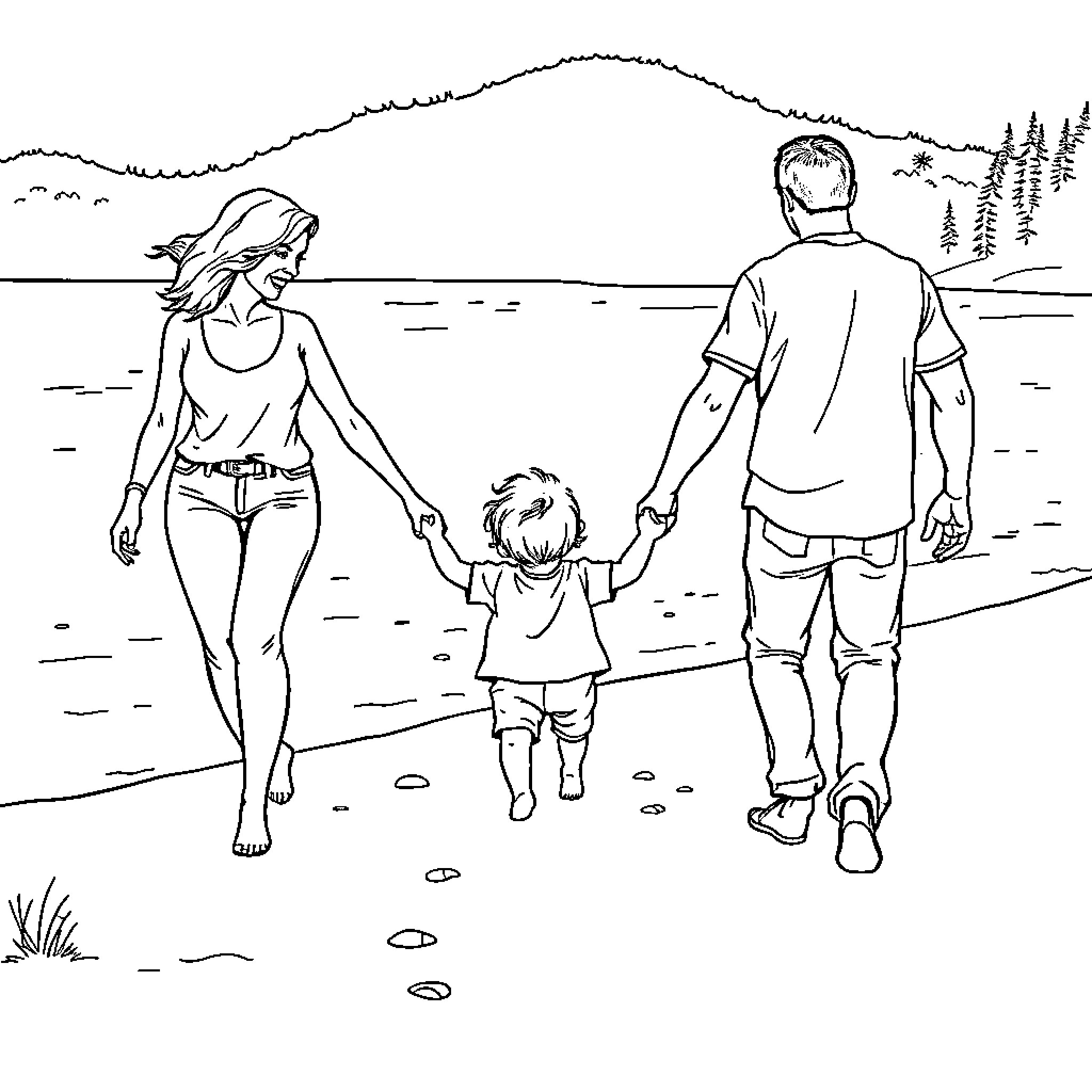 Toddler exploring nature with parents on beach Coloring Page (free black-and-white line drawing printable PDF for all, from beginners to advanced learners, including children, teens, adults, and seniors)