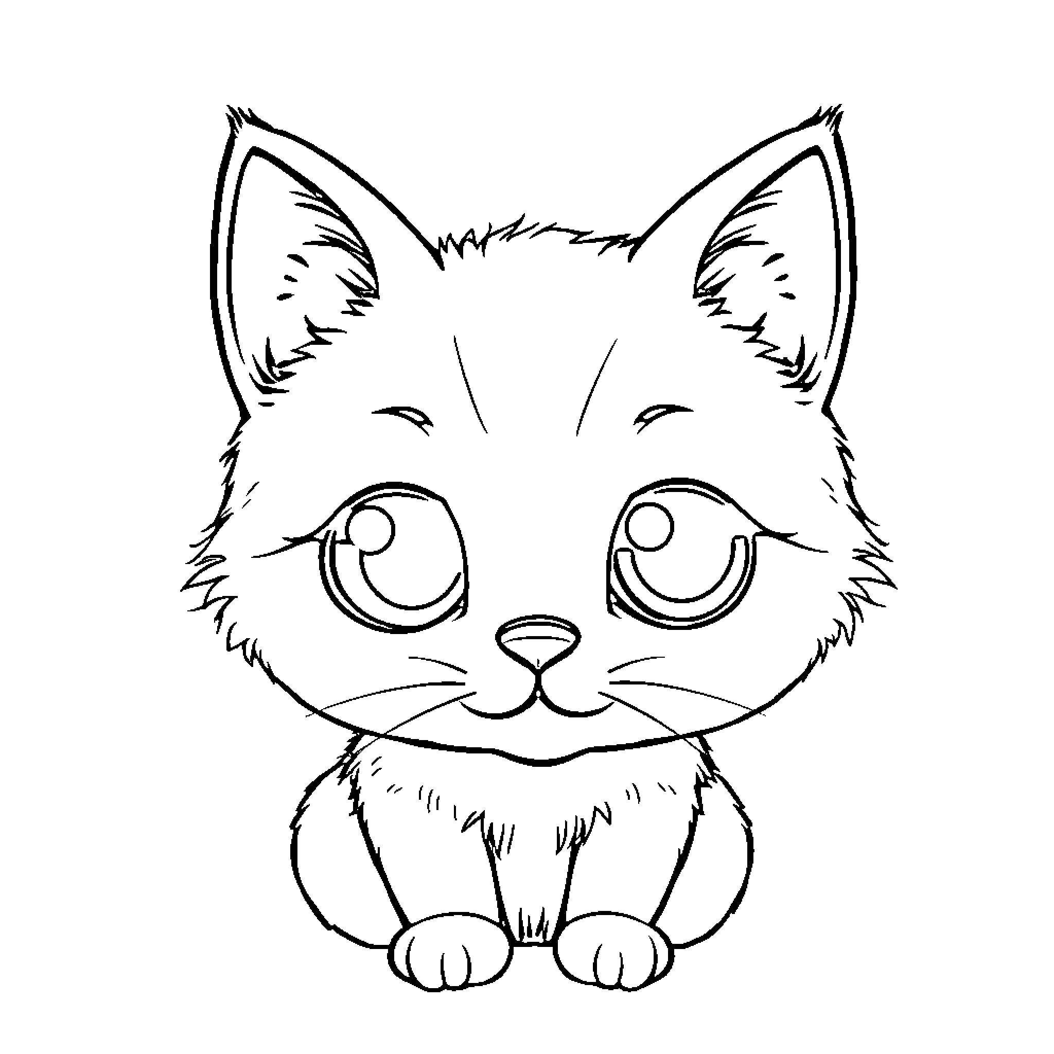 Cat with big eyes and fluffy fur Coloring Page (free black-and-white line drawing printable PDF for all, from beginners to advanced learners, including children, teens, adults, and seniors)