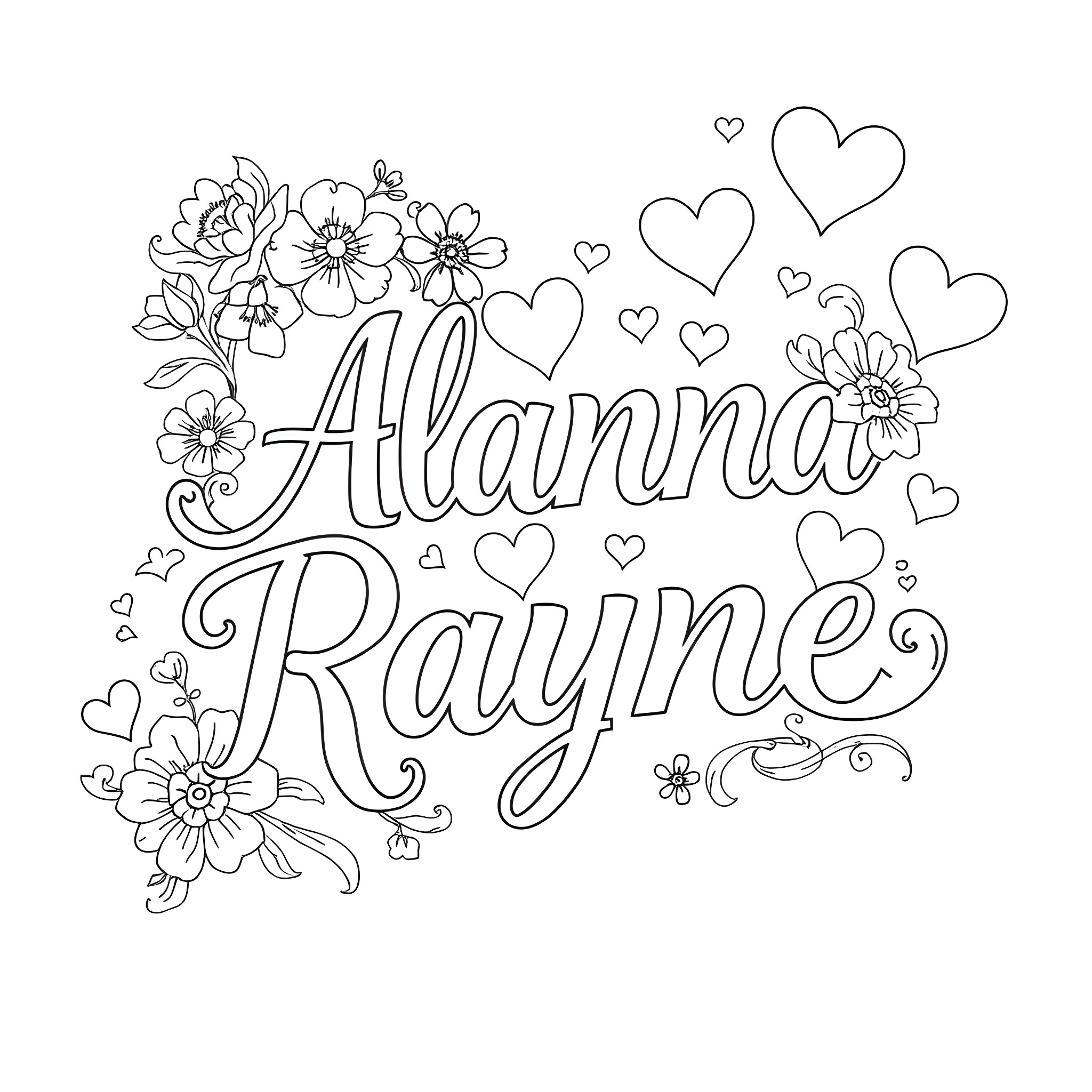 Font of flowers and hearts with a name Coloring Page (free black-and-white line drawing printable PDF for all, from beginners to advanced learners, including children, teens, adults, and seniors)