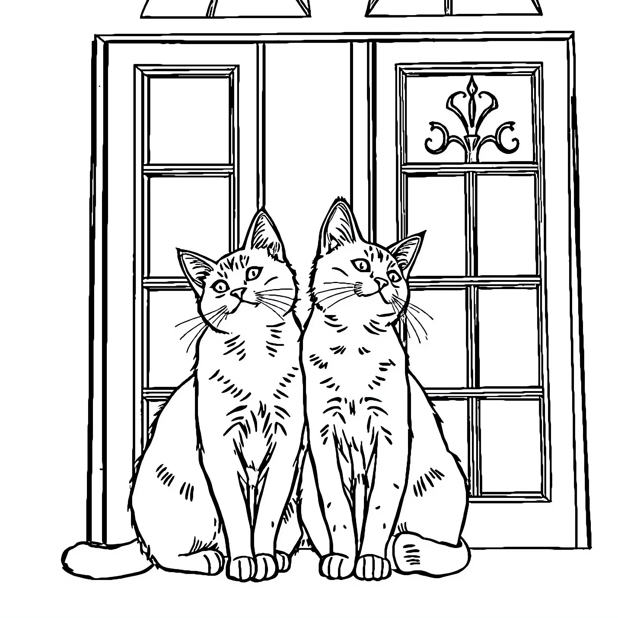 Cat duo peering through window Coloring Page (free black-and-white line drawing printable PDF for all, from beginners to advanced learners, including children, teens, adults, and seniors)