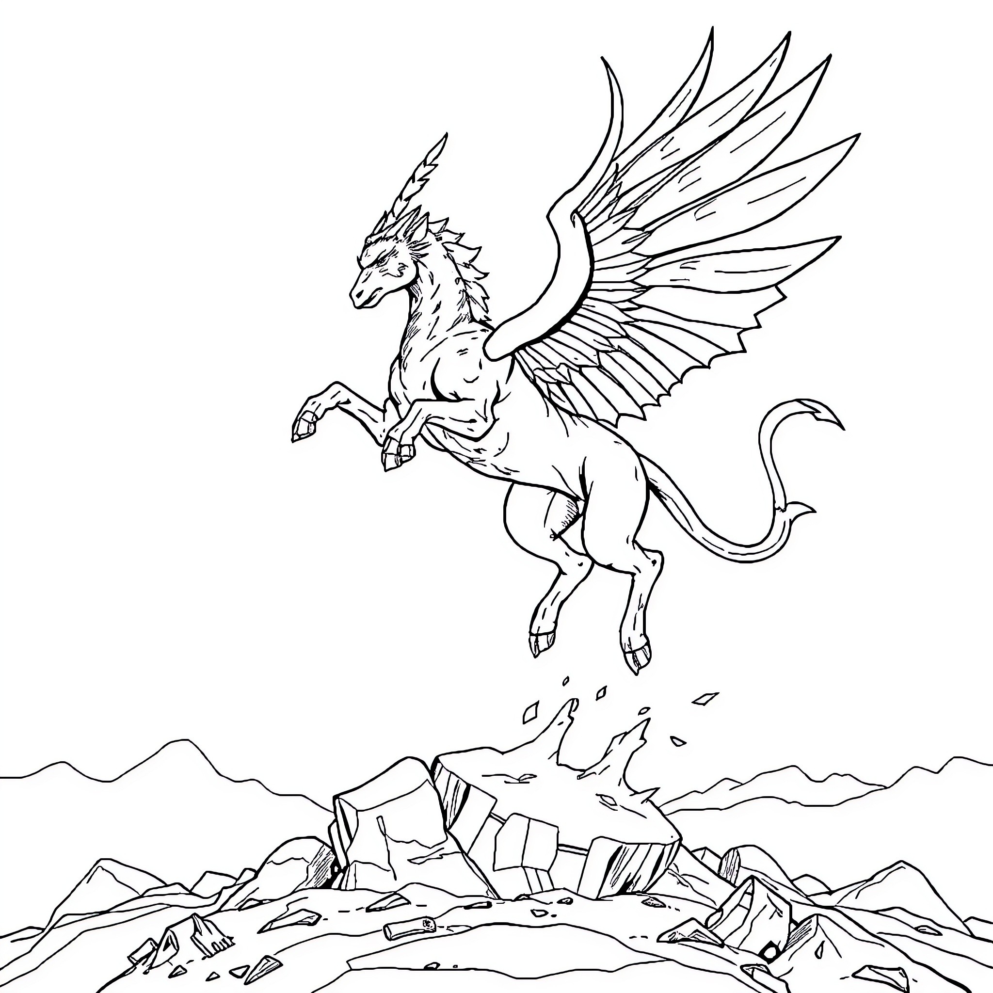 Levitator majestic winged creature soaring over rugged terrain Coloring Page (free black-and-white line drawing printable PDF for all, from beginners to advanced learners, including children, teens, adults, and seniors)
