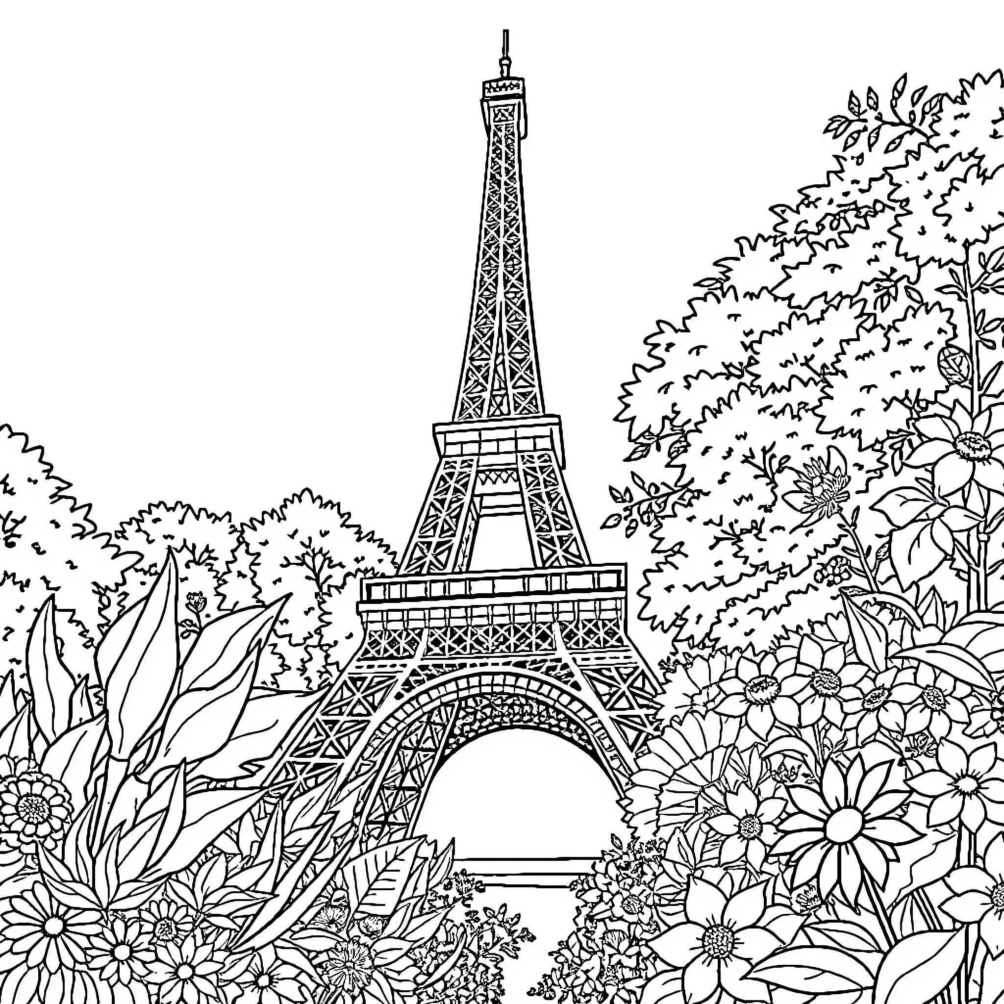 Eiffel Tower surrounded by flowers and foliage Coloring Page (free black-and-white line drawing printable PDF for all, from beginners to advanced learners, including children, teens, adults, and seniors)