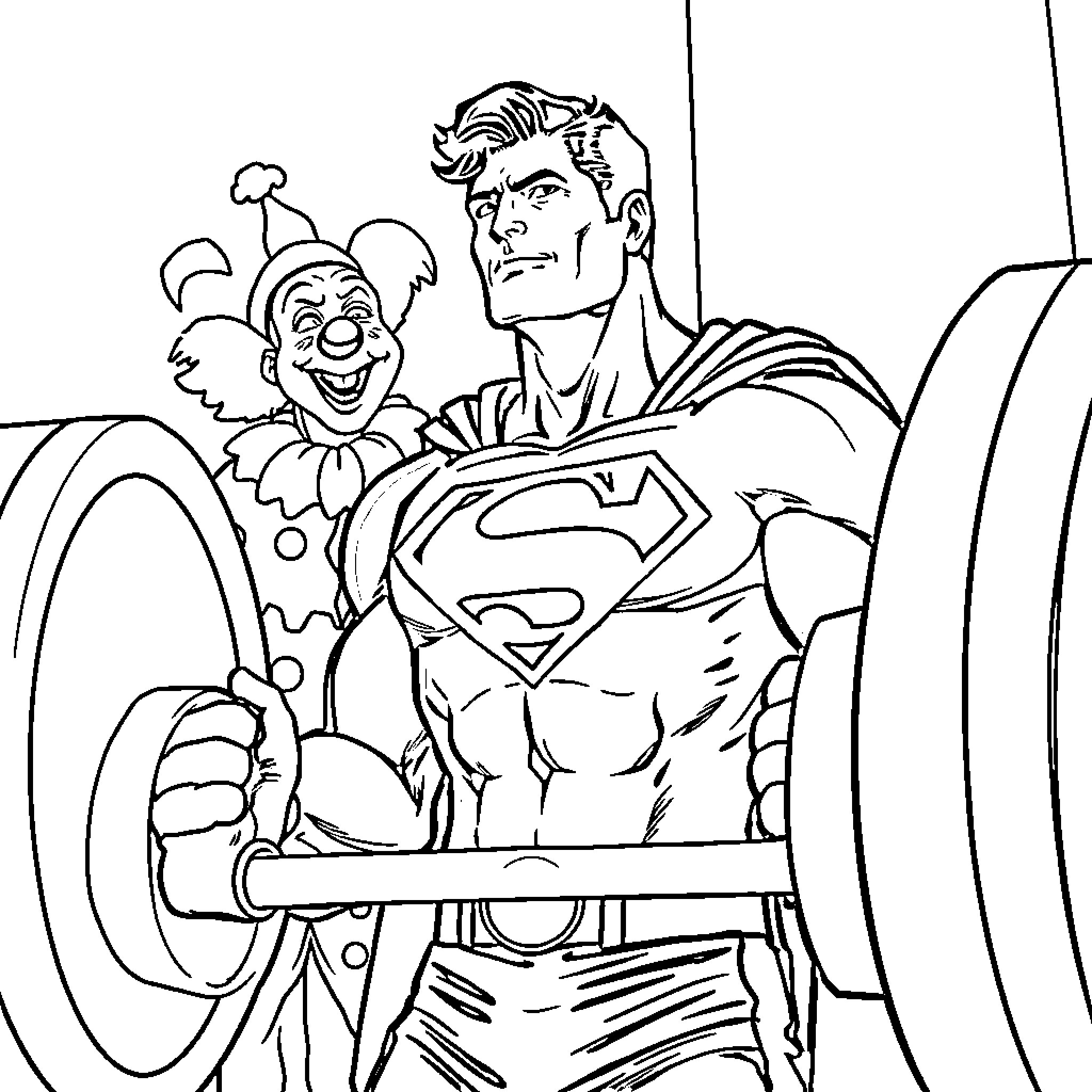Superman confronts a mischievous clown Coloring Page (free black-and-white line drawing printable PDF for all, from beginners to advanced learners, including children, teens, adults, and seniors)