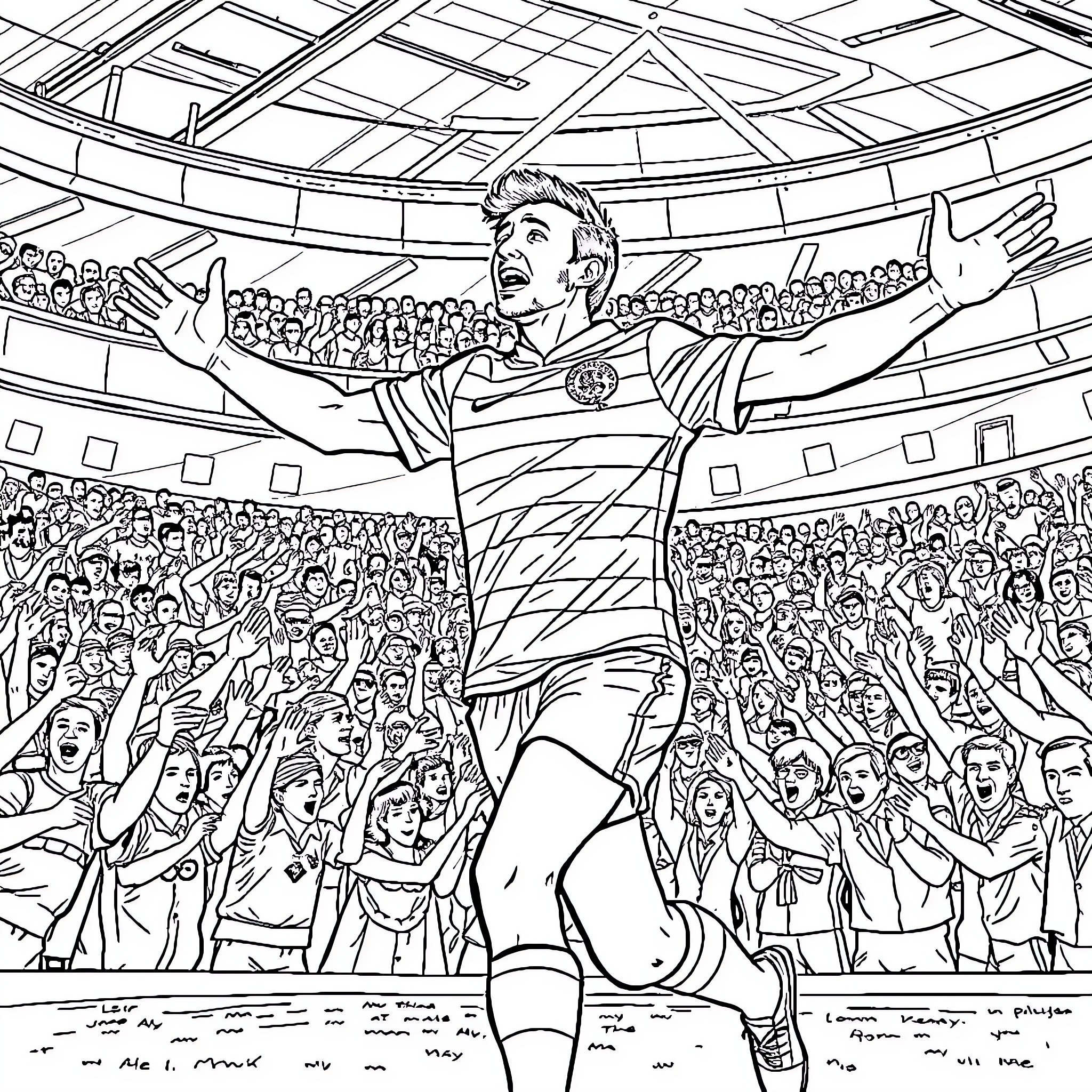 Henrik Larsson celebrating a goal with fans in the stadium Coloring Page (free black-and-white line drawing printable PDF for all, from beginners to advanced learners, including children, teens, adults, and seniors)
