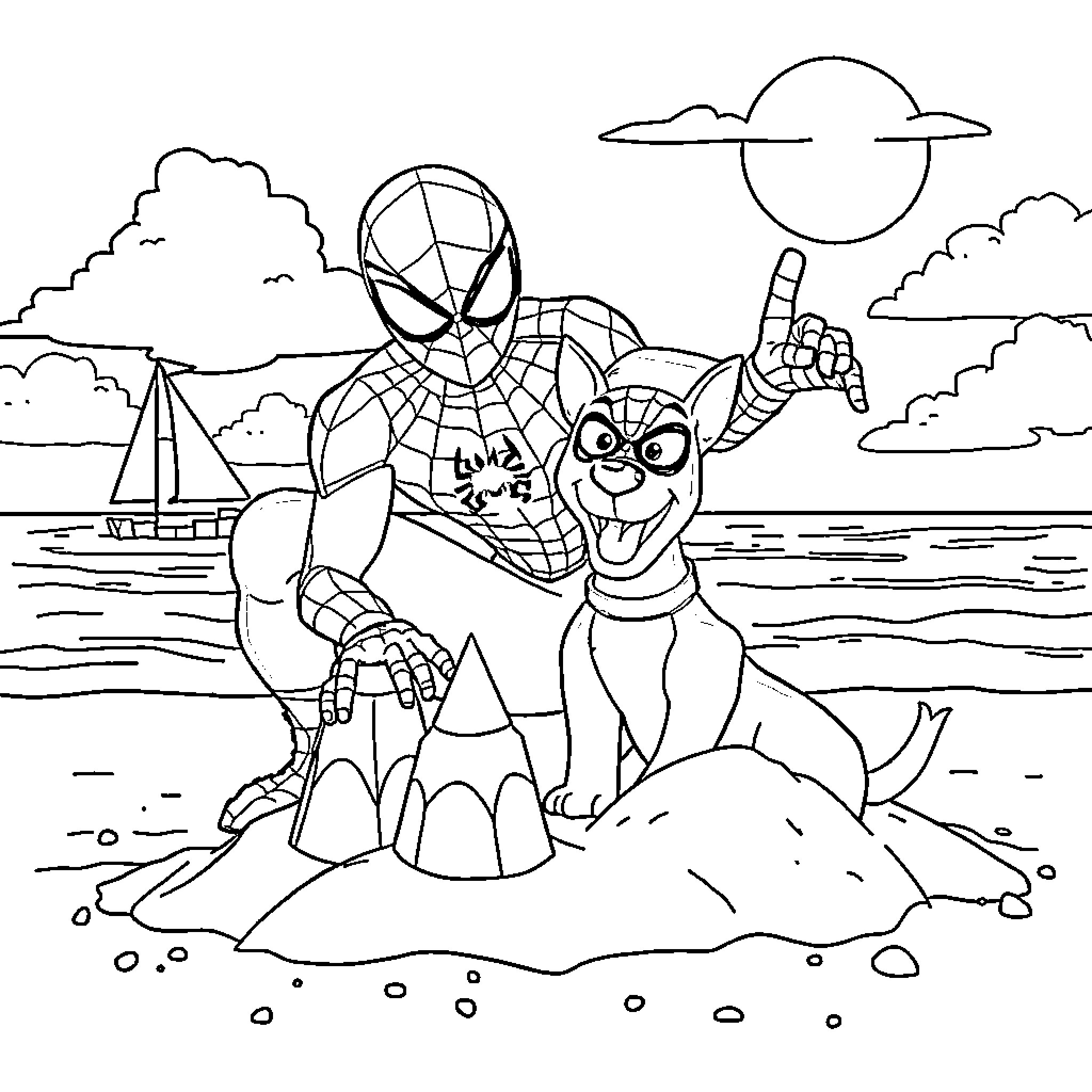 Spiderman enjoying a day at the beach with a friend Coloring Page (free black-and-white line drawing printable PDF for all, from beginners to advanced learners, including children, teens, adults, and seniors)