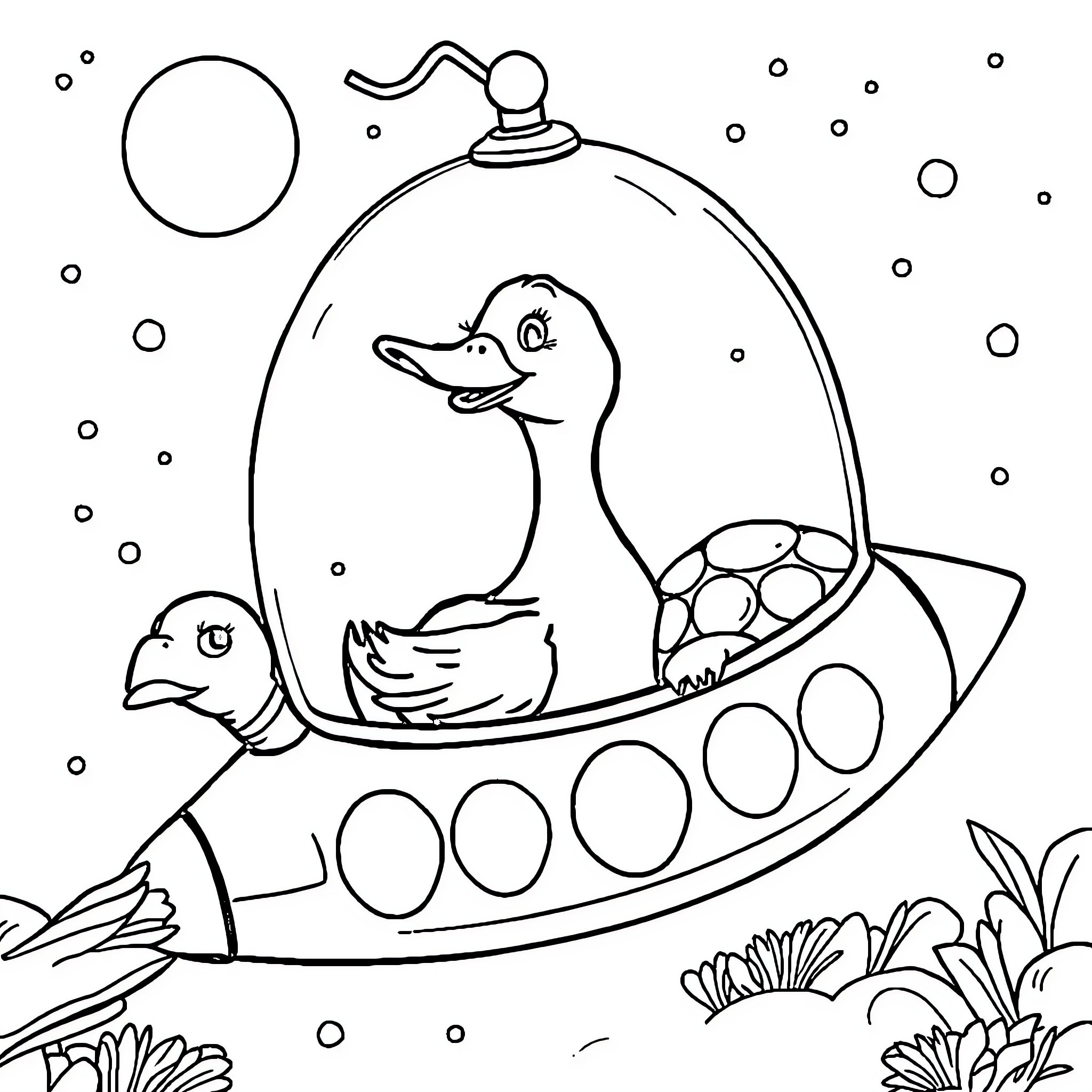 Duck riding a spaceship with a fish companion Coloring Page (free black-and-white line drawing printable PDF for all, from beginners to advanced learners, including children, teens, adults, and seniors)