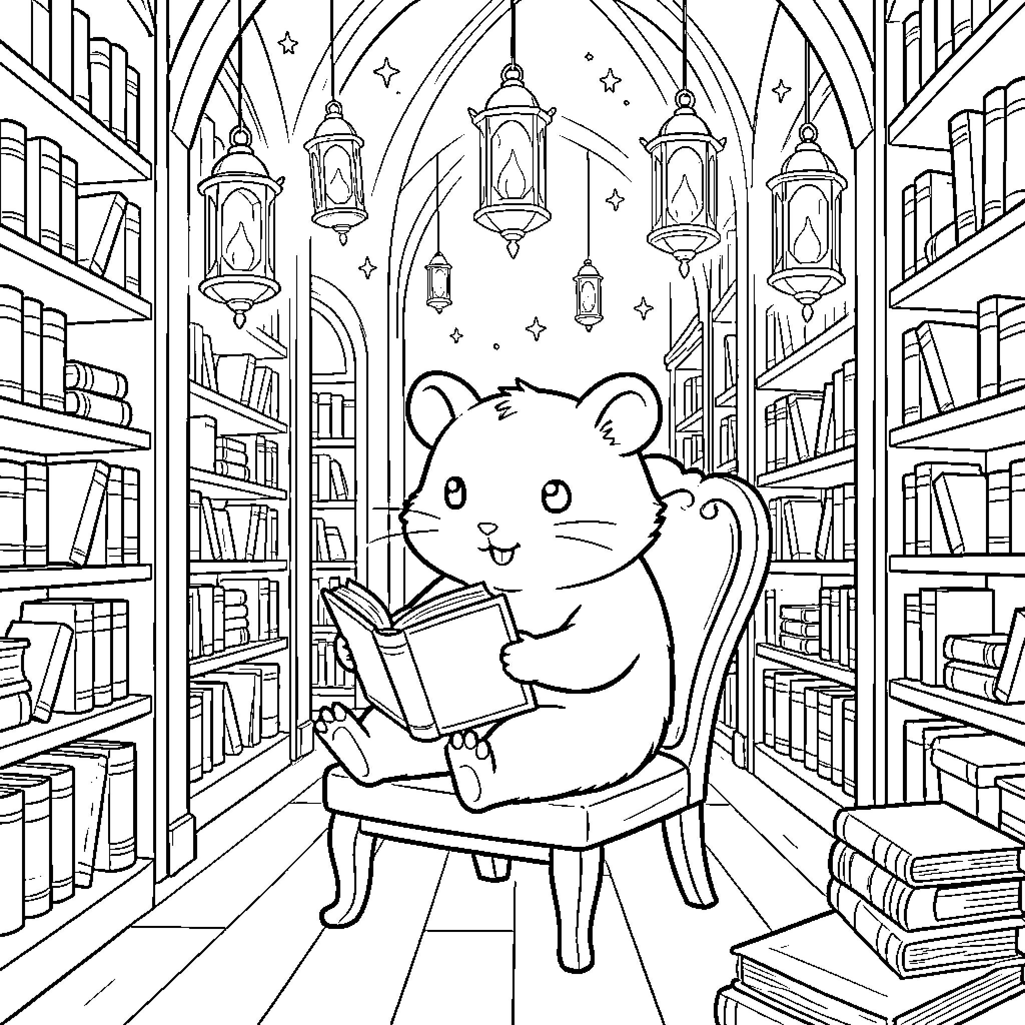 Hamster sitting in a chair reading a book Coloring Page (free black-and-white line drawing printable PDF for all, from beginners to advanced learners, including children, teens, adults, and seniors)