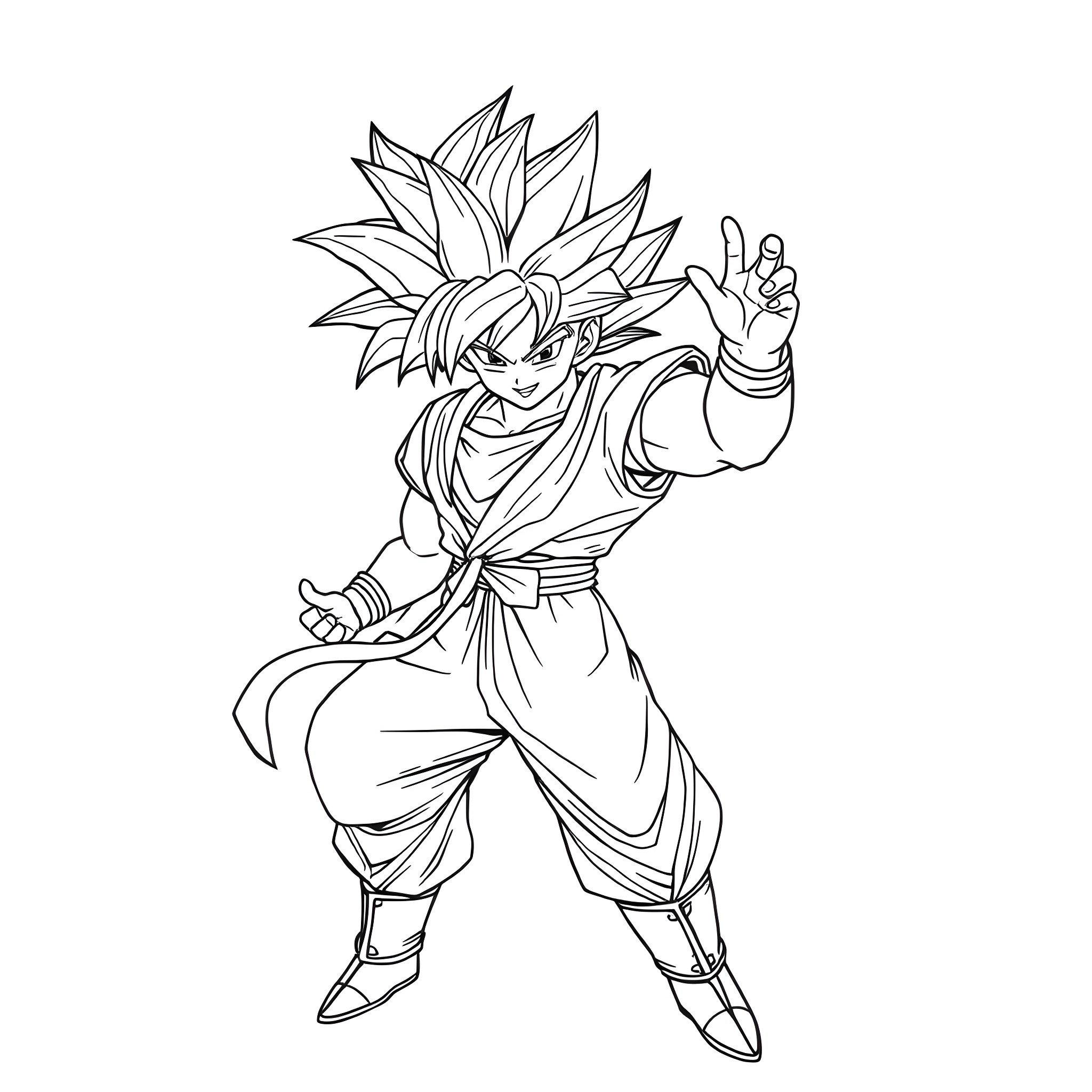 Goku in fierce battle stance Coloring Page (free black-and-white line drawing printable PDF for all, from beginners to advanced learners, including children, teens, adults, and seniors)