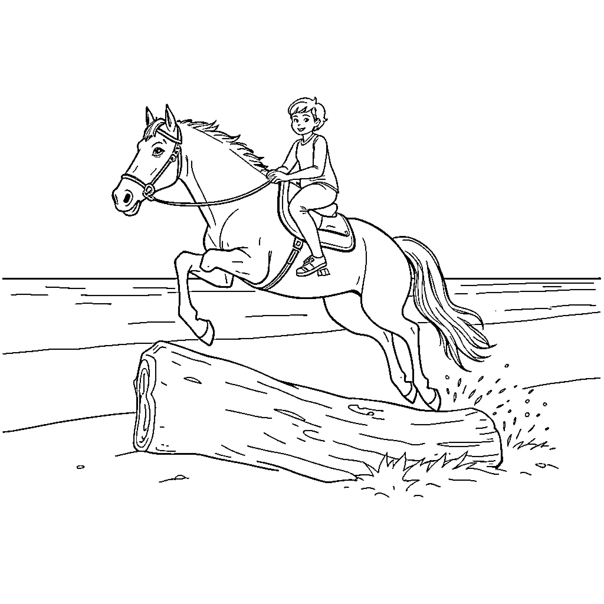 Horse rider jumping over obstacle Coloring Page (free black-and-white line drawing printable PDF for all, from beginners to advanced learners, including children, teens, adults, and seniors)