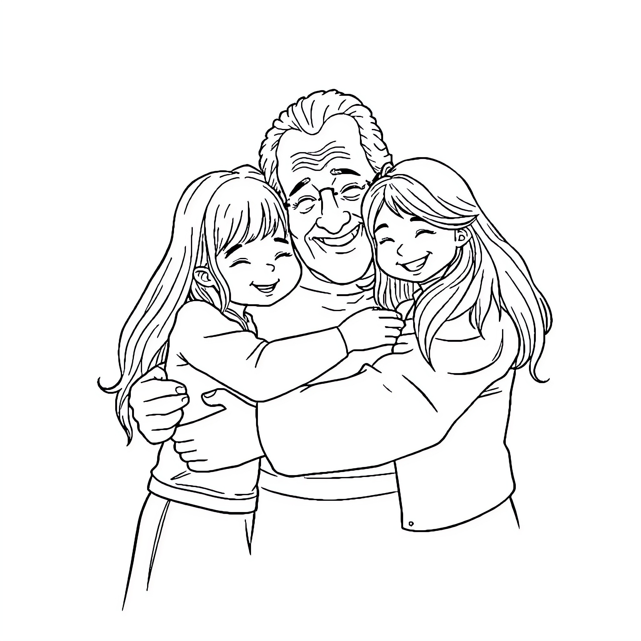 Child embracing grandparent with joy Coloring Page (free black-and-white line drawing printable PDF for all, from beginners to advanced learners, including children, teens, adults, and seniors)