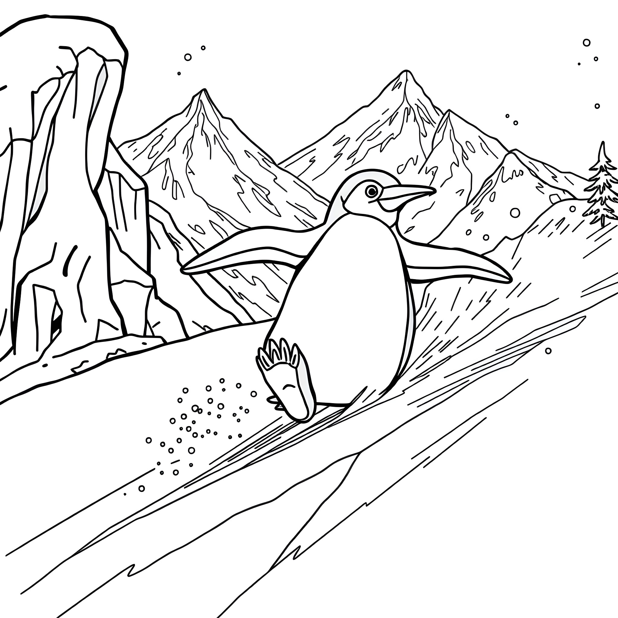 Penguin sliding down the snowy mountain Coloring Page (free black-and-white line drawing printable PDF for all, from beginners to advanced learners, including children, teens, adults, and seniors)