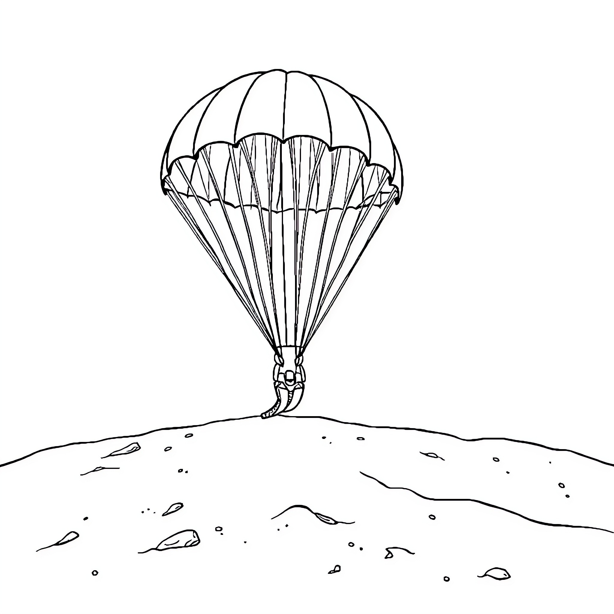 Powered Parachute descending on rugged terrain Coloring Page (free black-and-white line drawing printable PDF for all, from beginners to advanced learners, including children, teens, adults, and seniors)