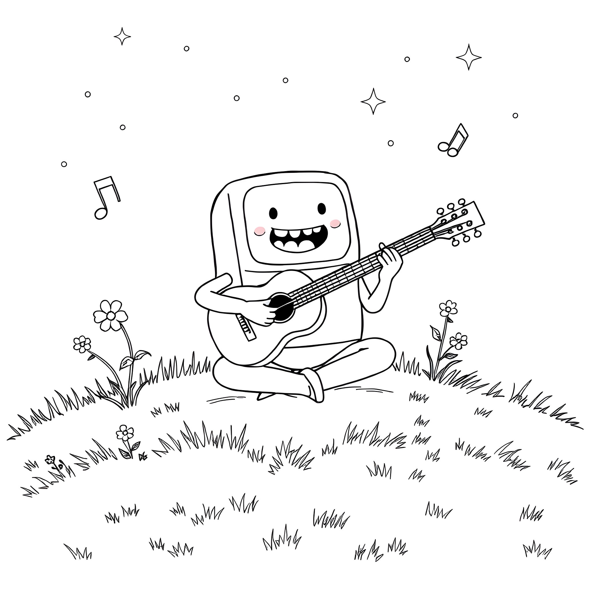BMO playing guitar happily in nature Coloring Page (free black-and-white line drawing printable PDF for all, from beginners to advanced learners, including children, teens, adults, and seniors)