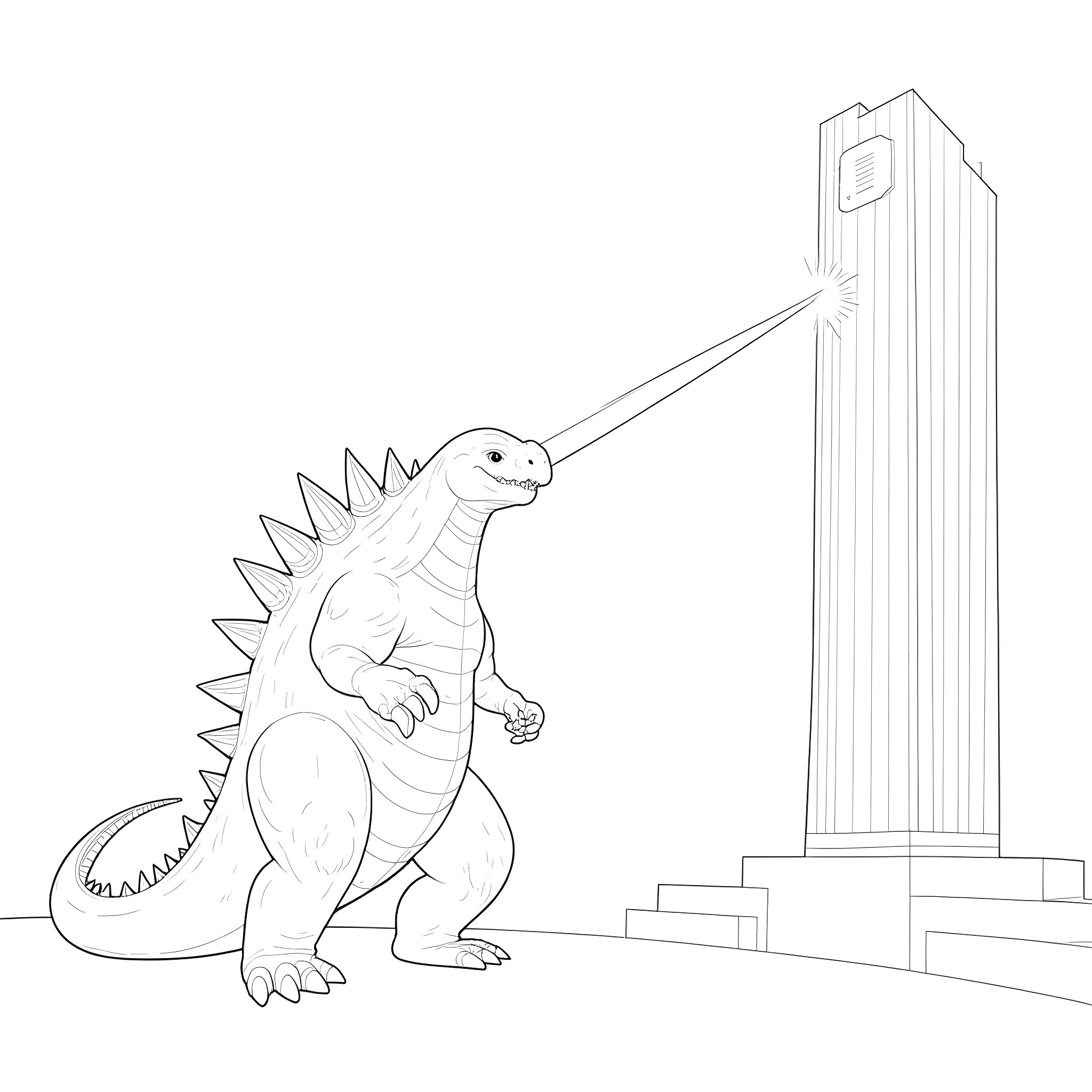Godzilla attacking a skyscraper Coloring Page (free black-and-white line drawing printable PDF for all, from beginners to advanced learners, including children, teens, adults, and seniors)