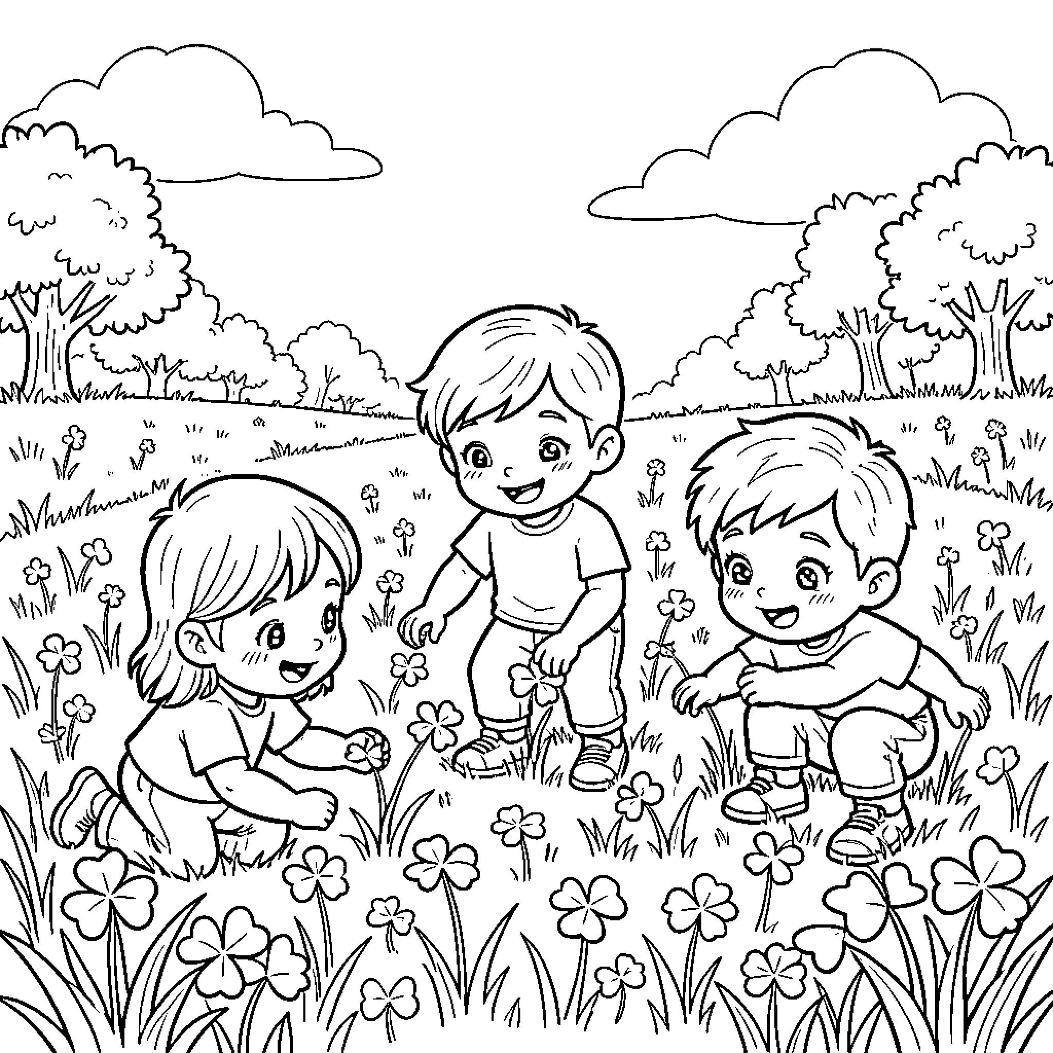 Child Exploring Outdoor Nature with Friends Coloring Page (free black-and-white line drawing printable PDF for all, from beginners to advanced learners, including children, teens, adults, and seniors)