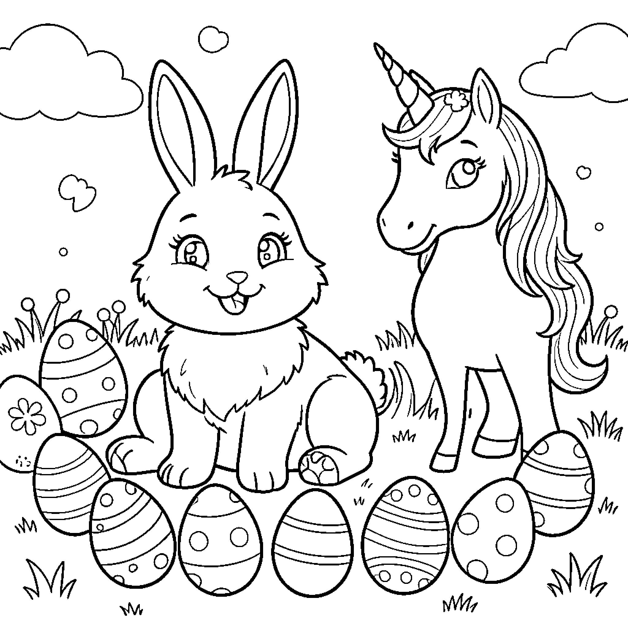 Easter Bunny and Unicorn in Playful Easter Scene Coloring Page (free black-and-white line drawing printable PDF for all, from beginners to advanced learners, including children, teens, adults, and seniors)