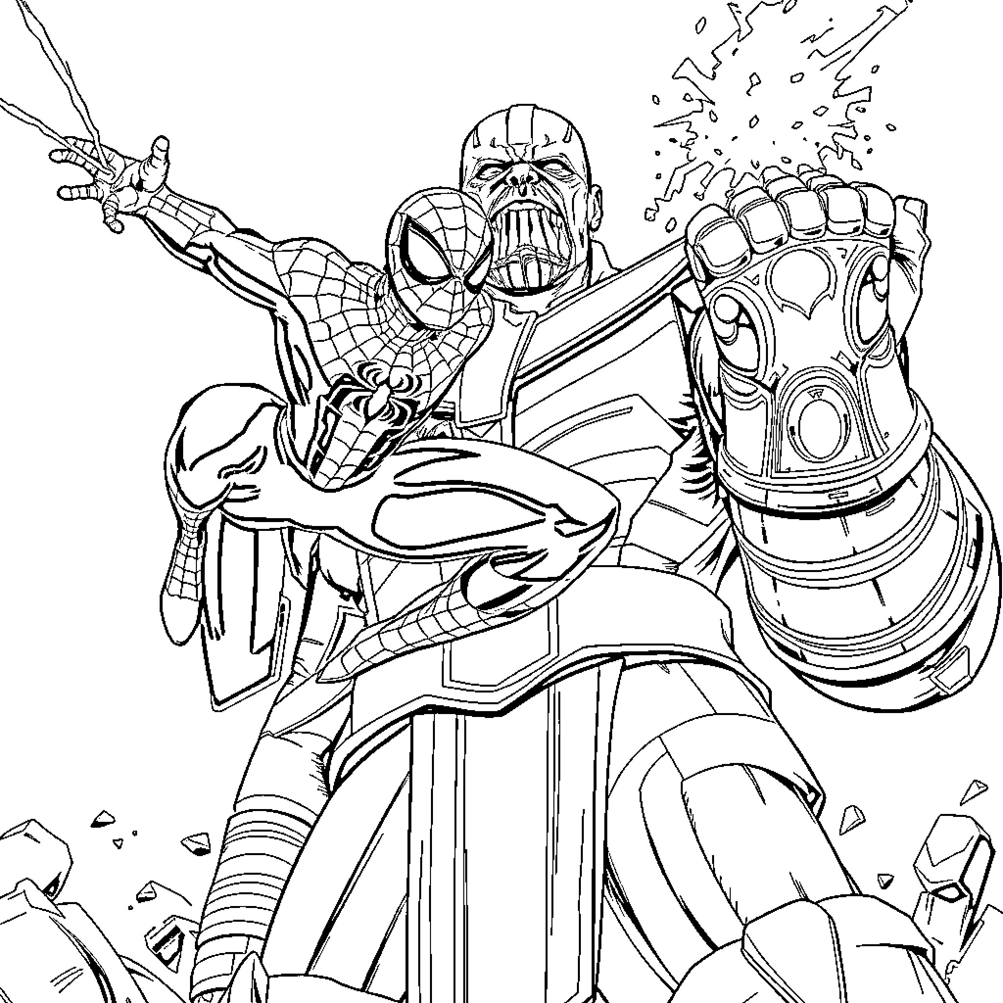 Spiderman battles Thanos with power glove Coloring Page (free black-and-white line drawing printable PDF for all, from beginners to advanced learners, including children, teens, adults, and seniors)