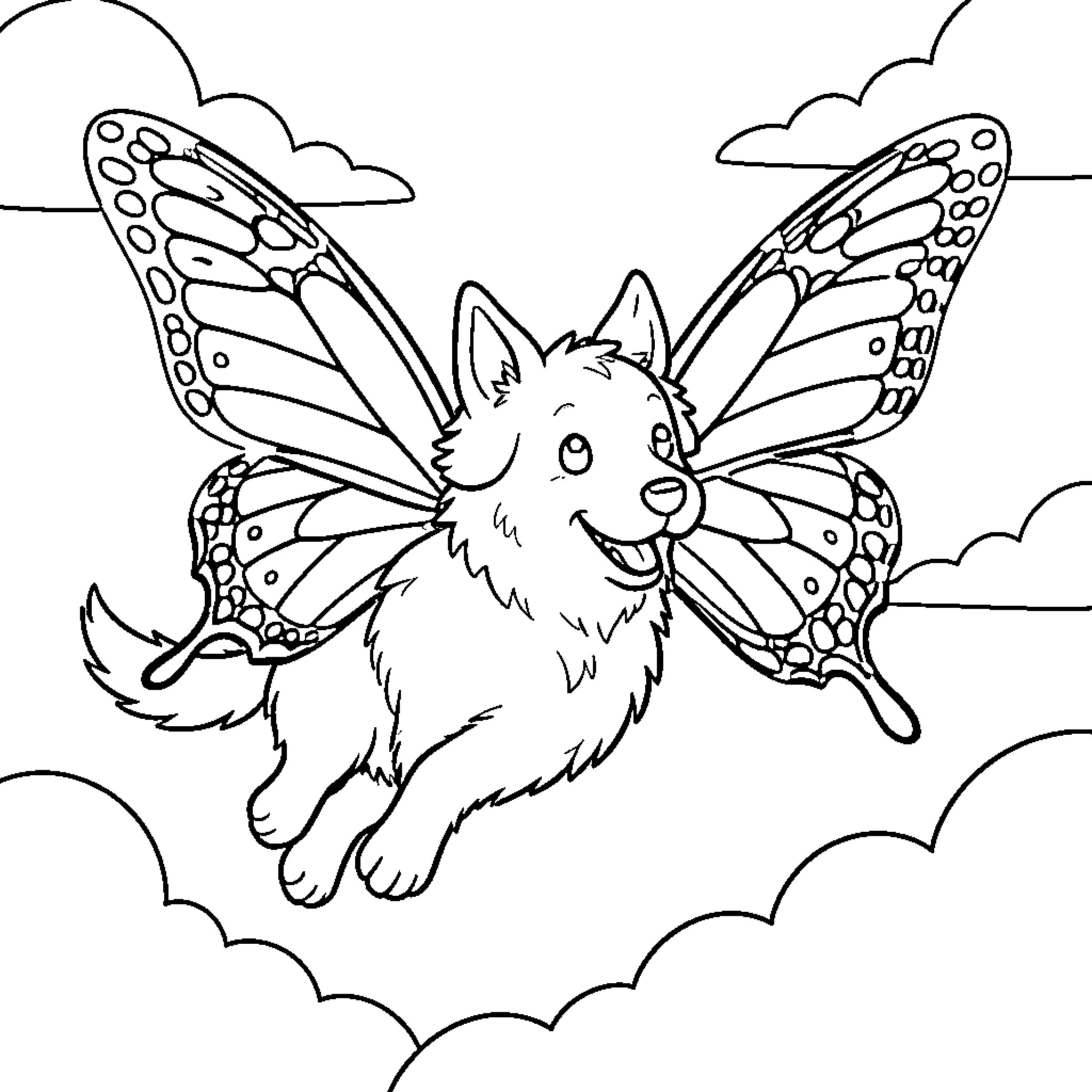 Flying Dog with Butterfly Wings Soaring through the Clouds Coloring Page (free black-and-white line drawing printable PDF for all, from beginners to advanced learners, including children, teens, adults, and seniors)