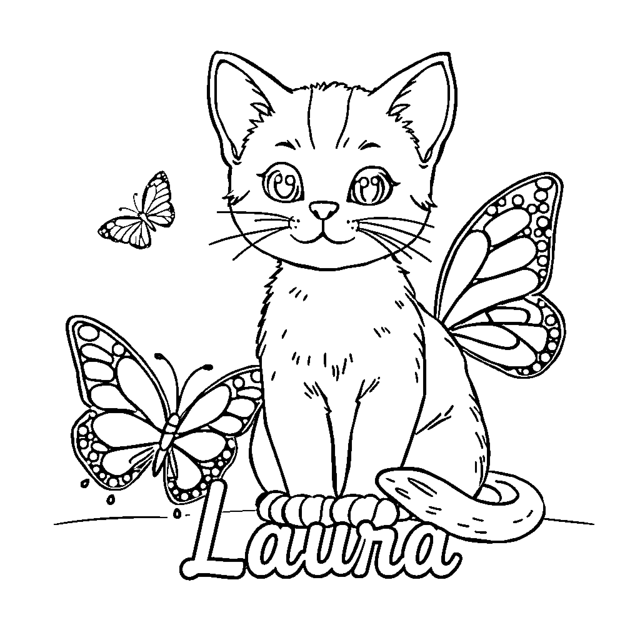 Cat with butterfly friends Coloring Page (free black-and-white line drawing printable PDF for all, from beginners to advanced learners, including children, teens, adults, and seniors)