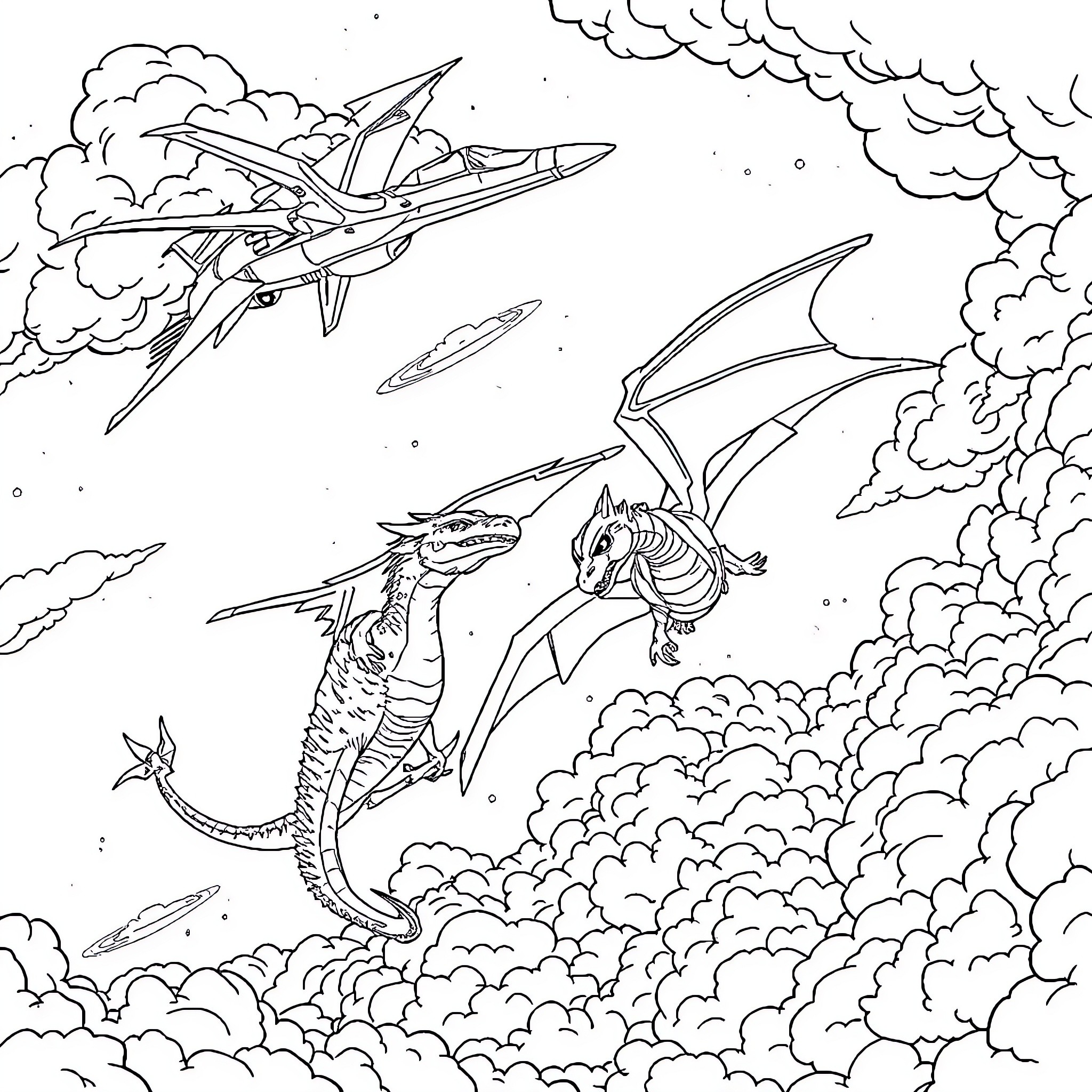 Dragon Pilots Pursuing Mythical Creatures in the Sky Coloring Page (free black-and-white line drawing printable PDF for all, from beginners to advanced learners, including children, teens, adults, and seniors)