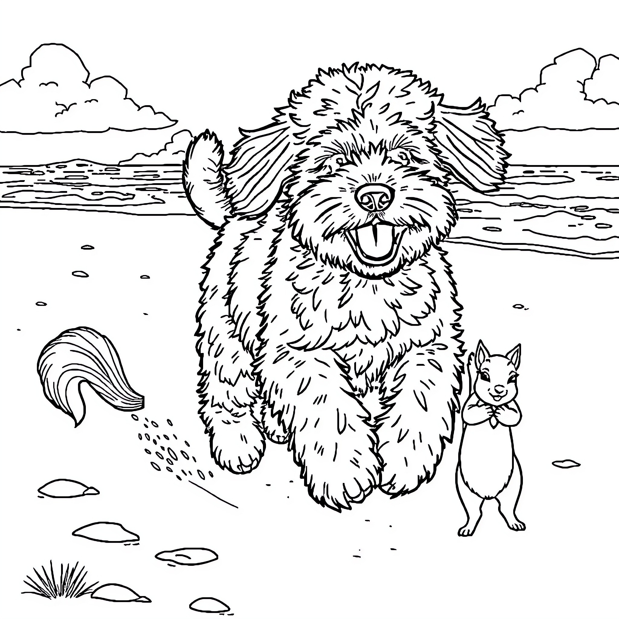 Doodle of Joyful Dog and Playful Companion at Beach Coloring Page (free black-and-white line drawing printable PDF for all, from beginners to advanced learners, including children, teens, adults, and seniors)