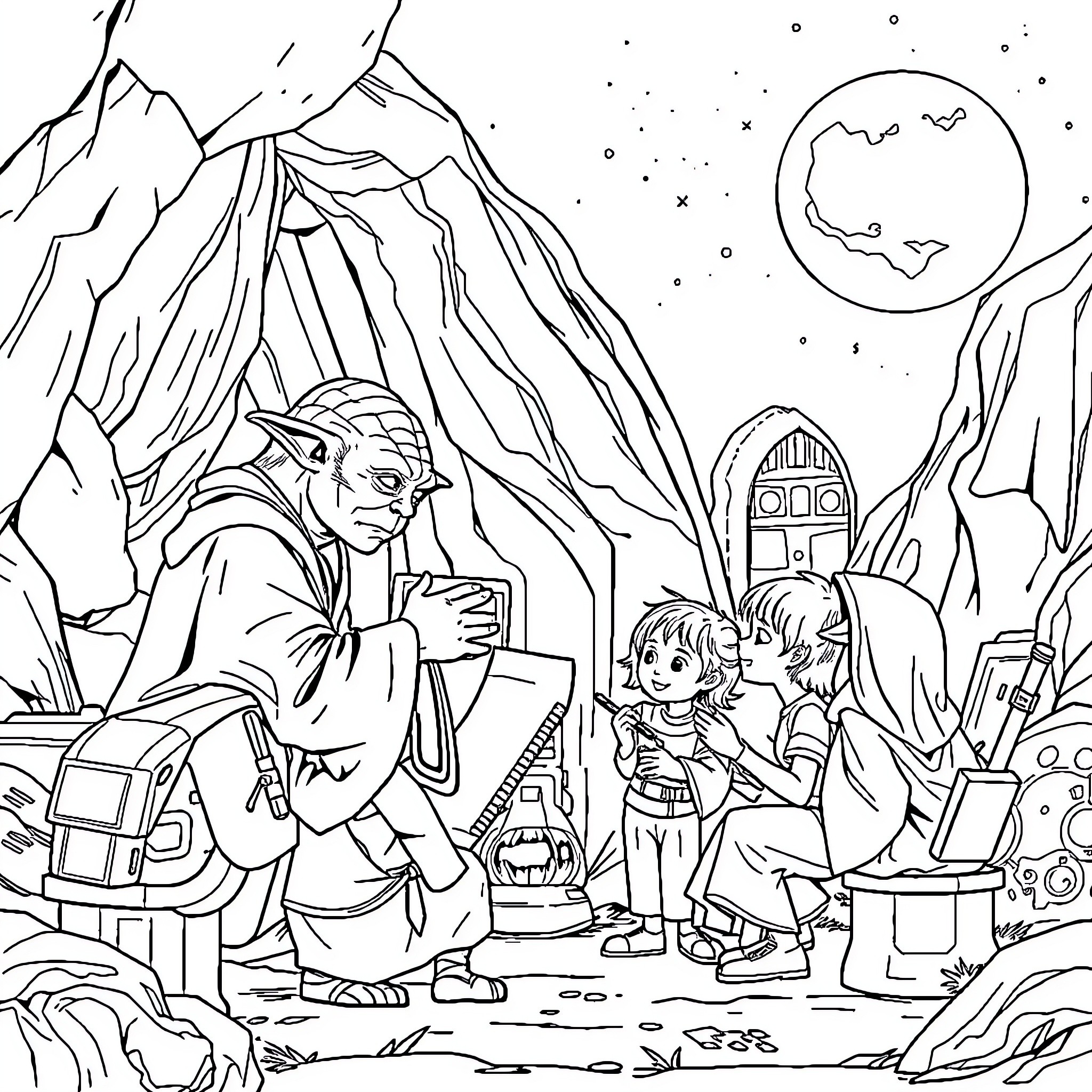 Yoda teaching young Jedi apprentices in the wilderness Coloring Page (free black-and-white line drawing printable PDF for all, from beginners to advanced learners, including children, teens, adults, and seniors)