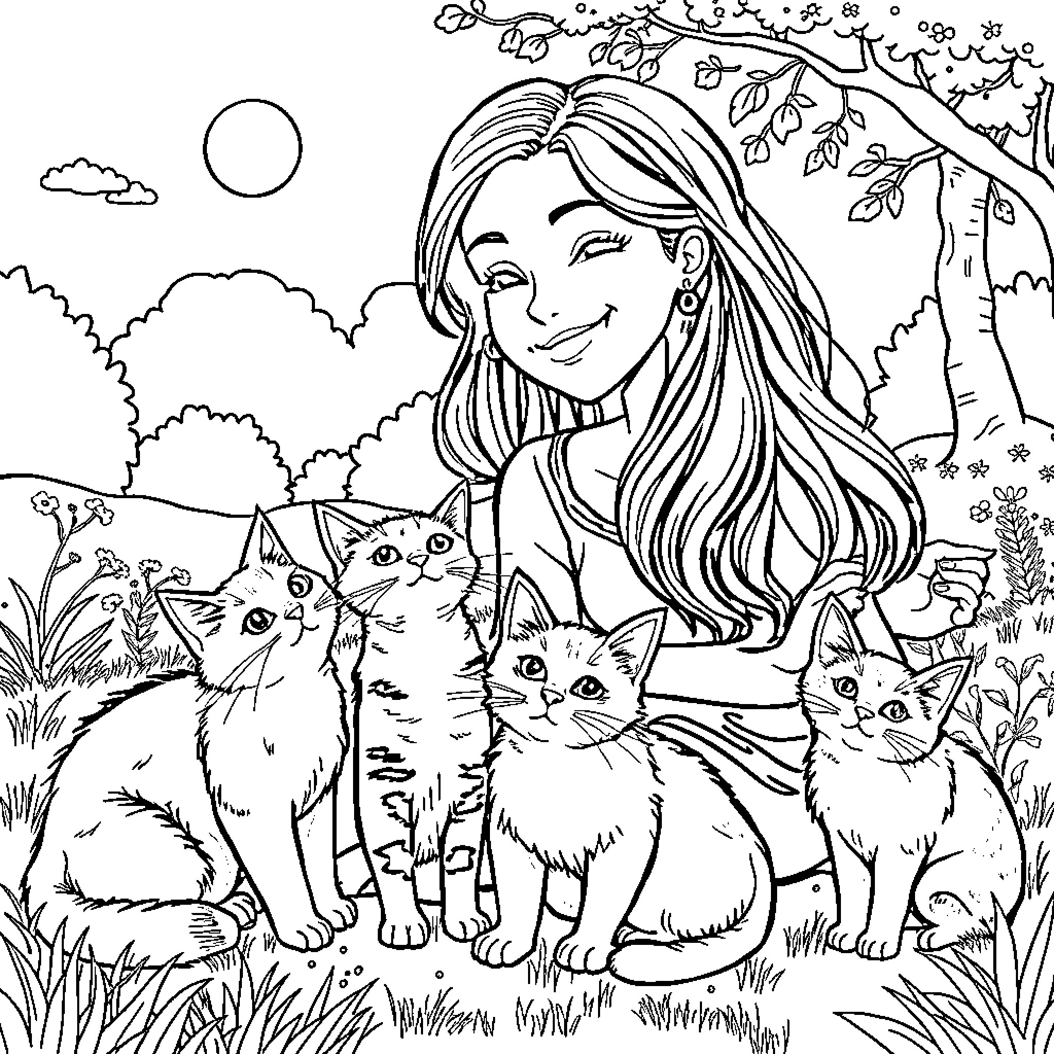 Cats Cuddling with Woman in Serene Outdoor Scene Coloring Page (free black-and-white line drawing printable PDF for all, from beginners to advanced learners, including children, teens, adults, and seniors)