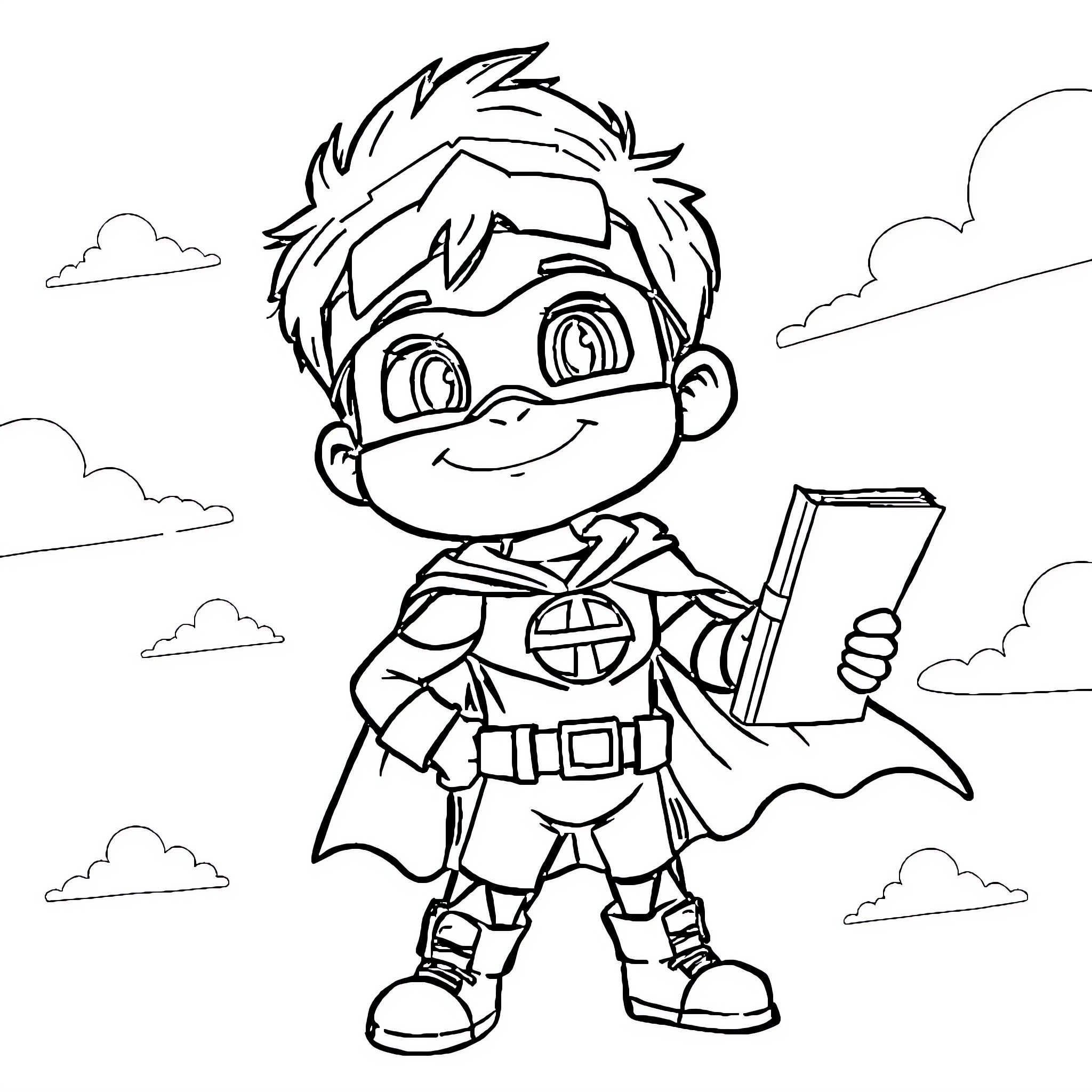 Boy superhero reading a book in the clouds Coloring Page (free black-and-white line drawing printable PDF for all, from beginners to advanced learners, including children, teens, adults, and seniors)