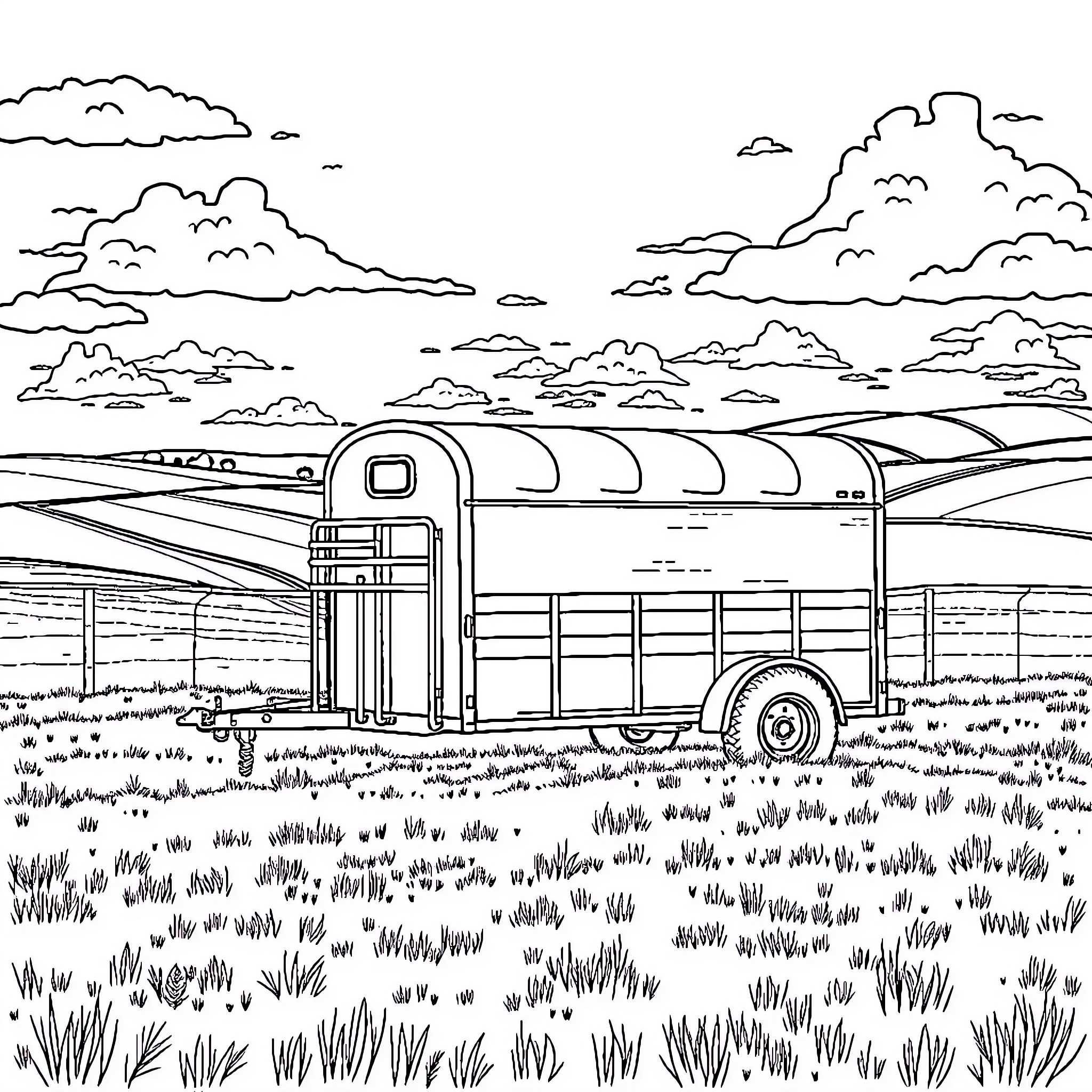 Livestock Trailer Parked in Scenic Countryside Coloring Page (free black-and-white line drawing printable PDF for all, from beginners to advanced learners, including children, teens, adults, and seniors)