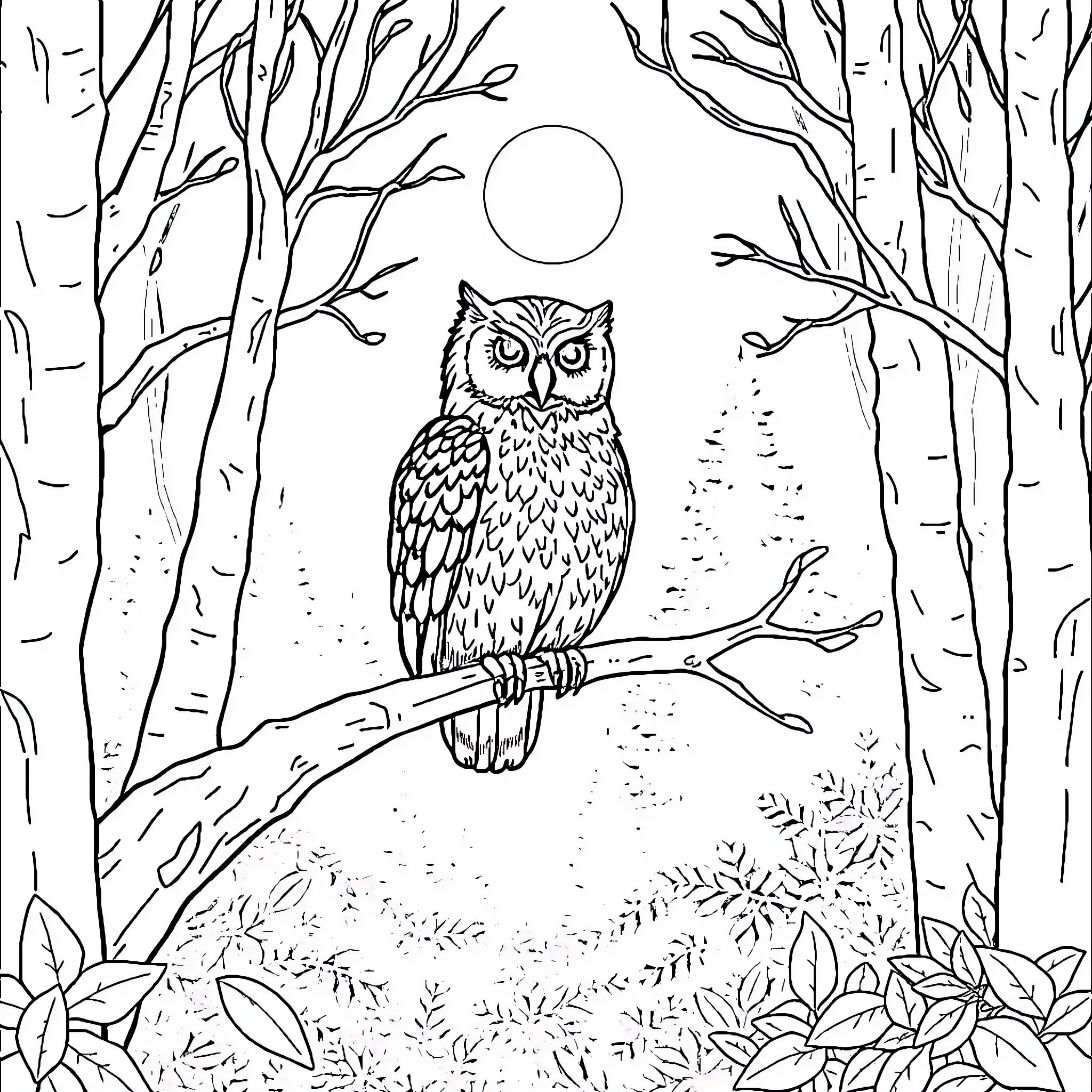 Owl perched in a moonlit forest Coloring Page (free black-and-white line drawing printable PDF for all, from beginners to advanced learners, including children, teens, adults, and seniors)