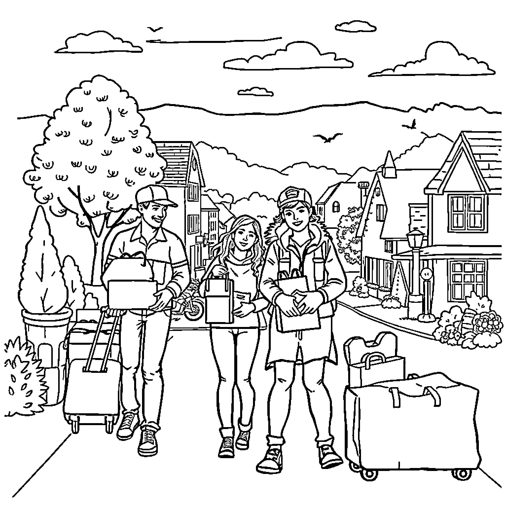 Greenville residents walking through a scenic town Coloring Page (free black-and-white line drawing printable PDF for all, from beginners to advanced learners, including children, teens, adults, and seniors)