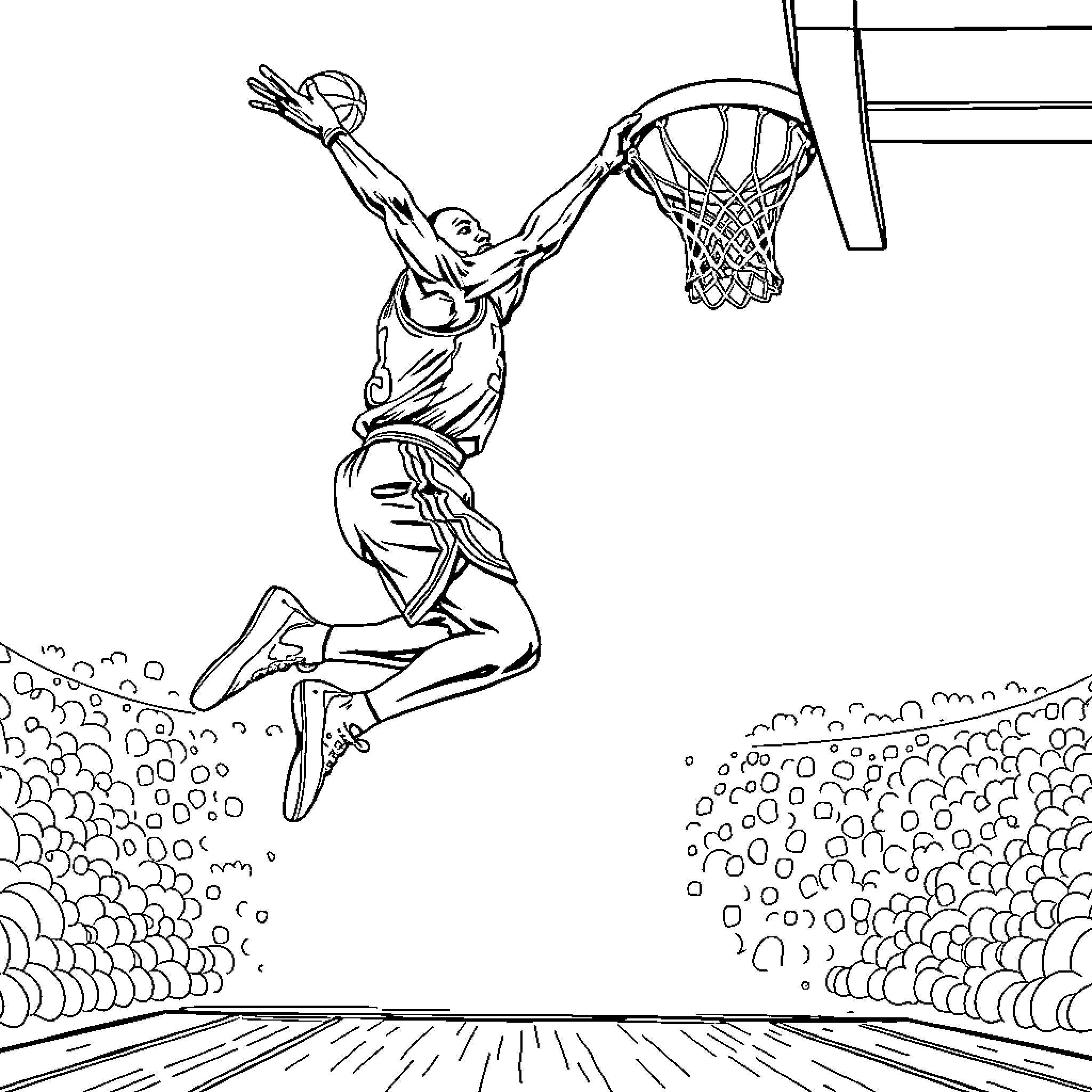 Michael Jordan dunking the basketball in a game Coloring Page (free black-and-white line drawing printable PDF for all, from beginners to advanced learners, including children, teens, adults, and seniors)