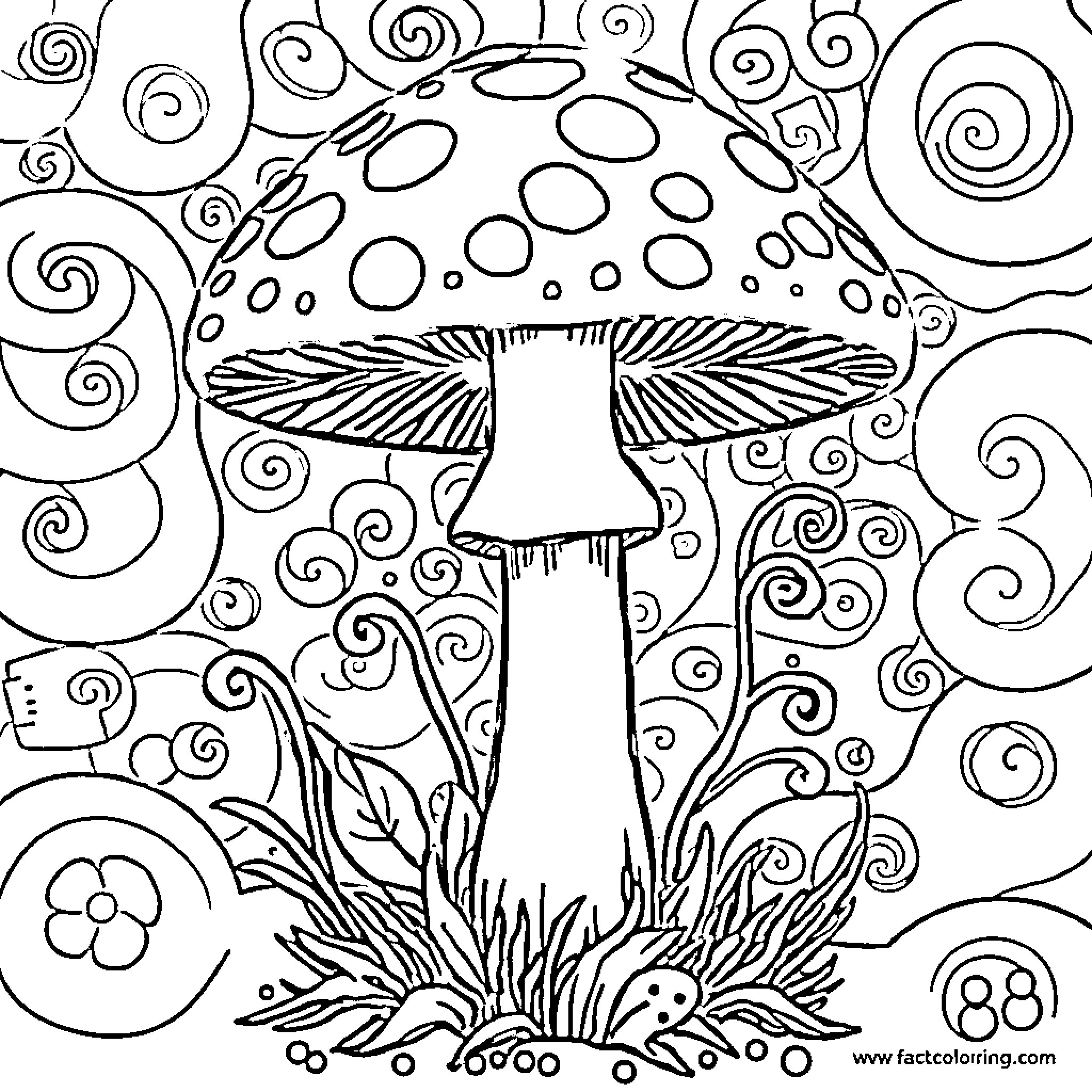 Mushroom with abstract patterns in nature Coloring Page (free black-and-white line drawing printable PDF for all, from beginners to advanced learners, including children, teens, adults, and seniors)