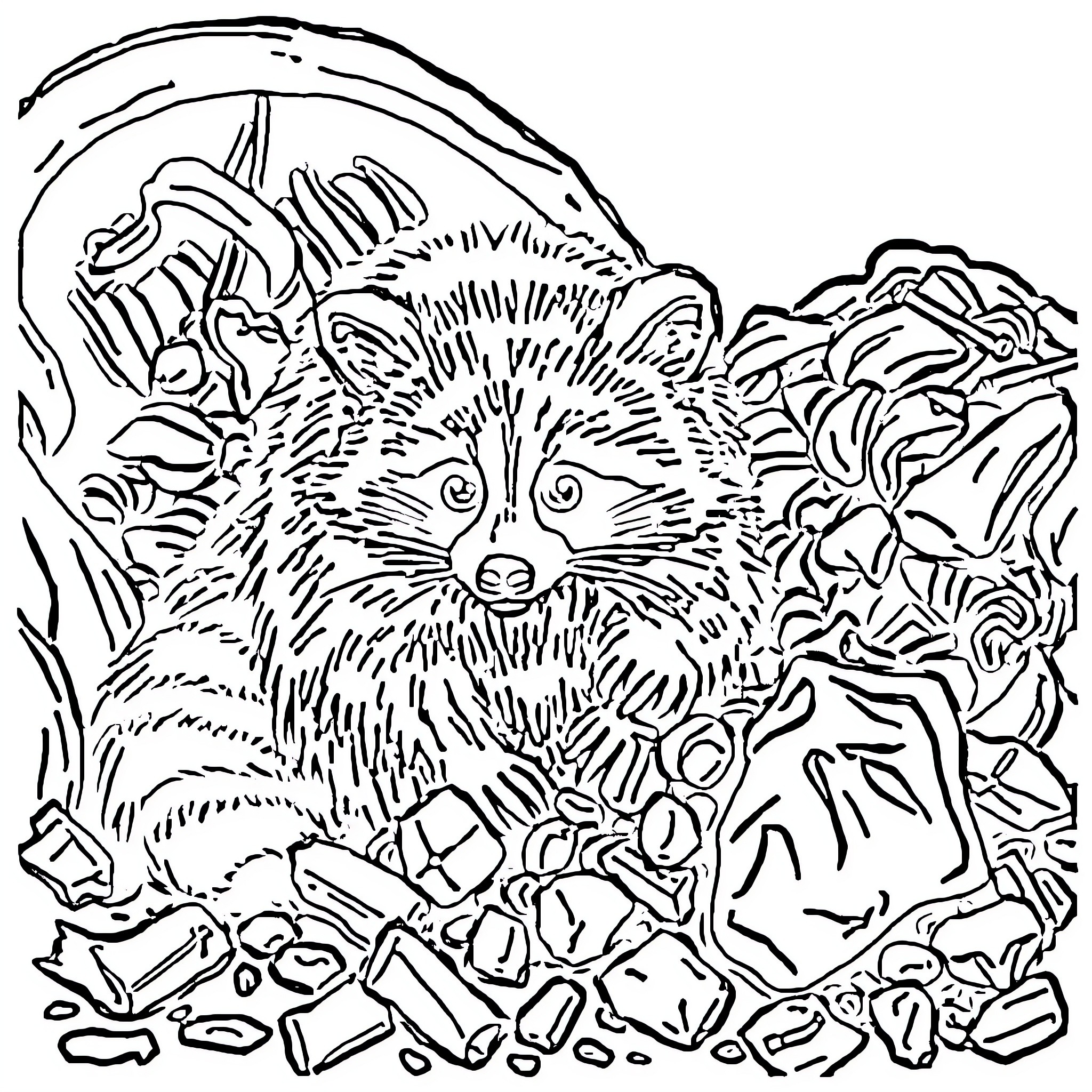 Raccoon Exploring a Treasure Trove Coloring Page (free black-and-white line drawing printable PDF for all, from beginners to advanced learners, including children, teens, adults, and seniors)