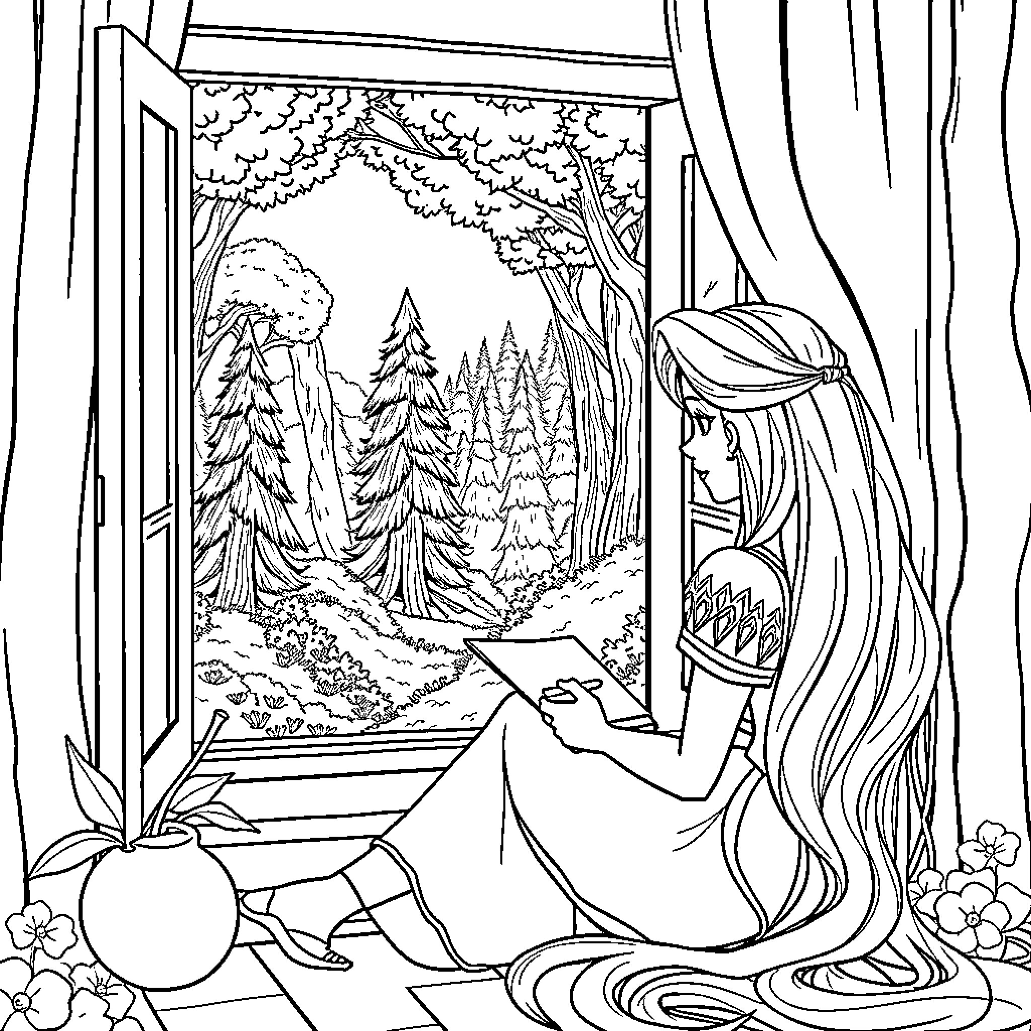Rapunzel admiring the enchanting forest view Coloring Page (free black-and-white line drawing printable PDF for all, from beginners to advanced learners, including children, teens, adults, and seniors)