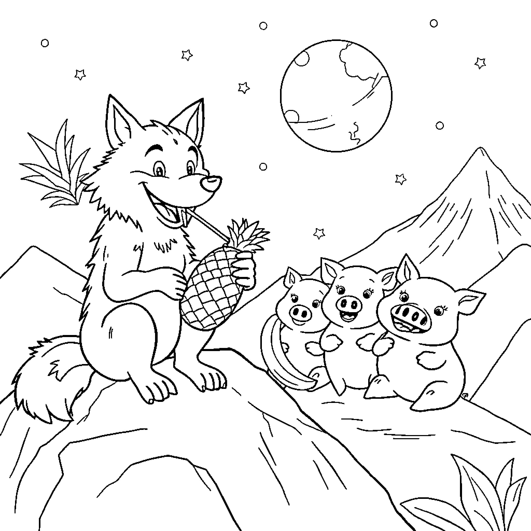 Wolf enjoying pineapple with playful piglets in mountainous landscape Coloring Page (free black-and-white line drawing printable PDF for all, from beginners to advanced learners, including children, teens, adults, and seniors)