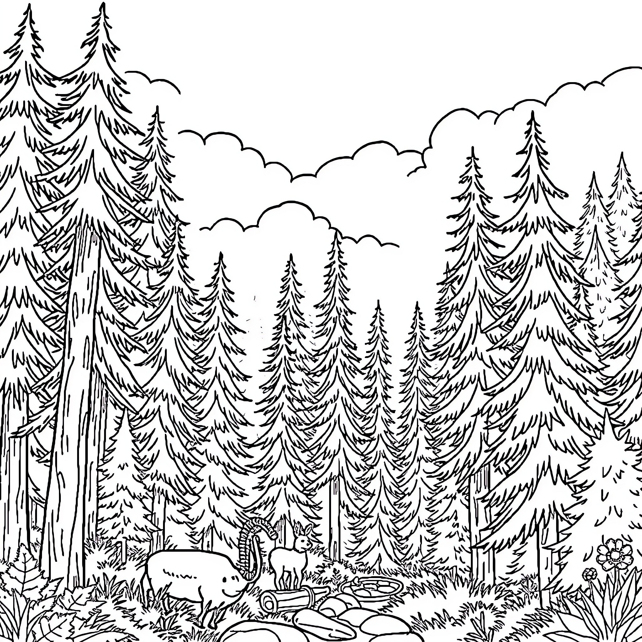 Adventure in the Enchanted Forest Coloring Page (free black-and-white line drawing printable PDF for all, from beginners to advanced learners, including children, teens, adults, and seniors)