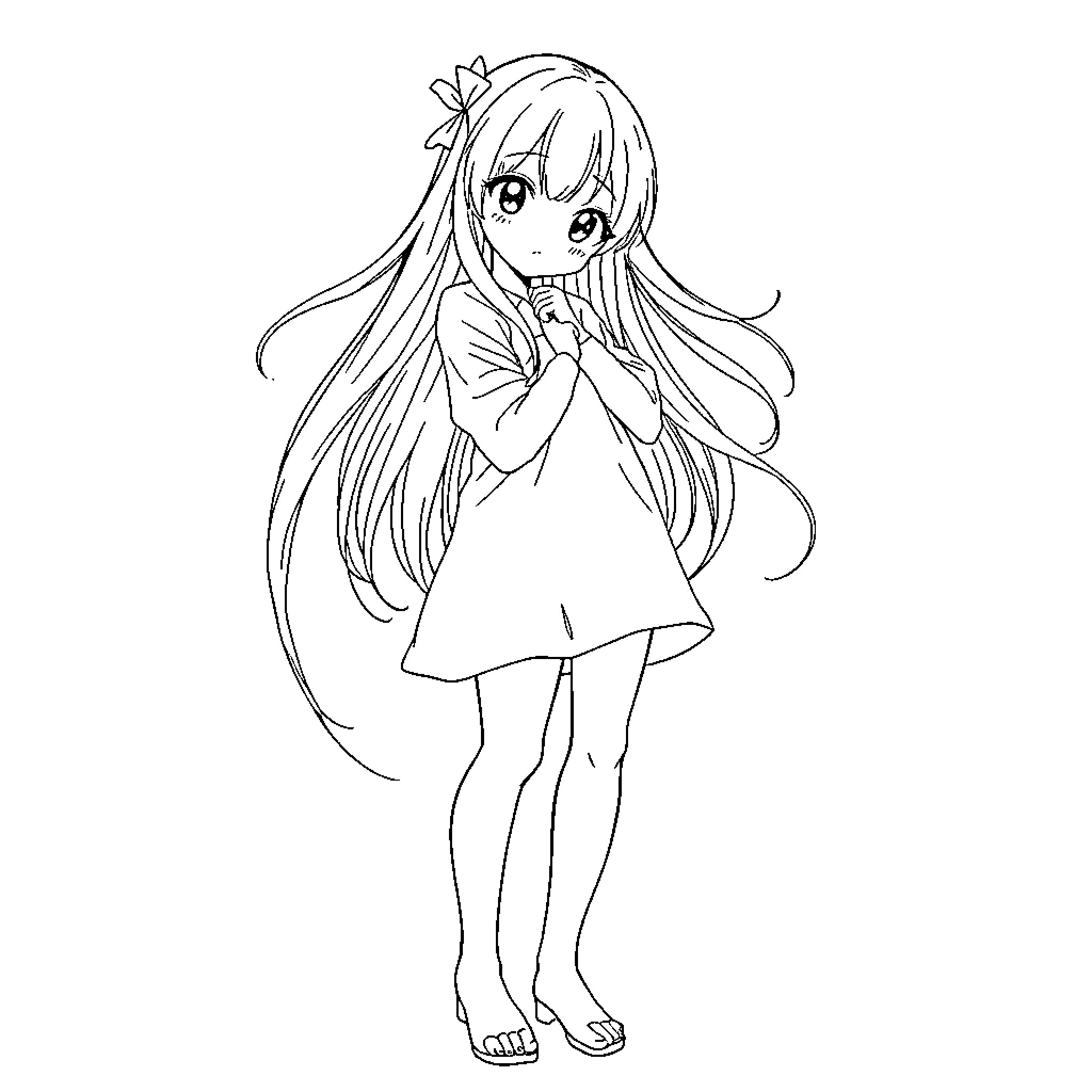 Anime Girl in Cute Pose with Long Hair Coloring Page (free black-and-white line drawing printable PDF for all, from beginners to advanced learners, including children, teens, adults, and seniors)