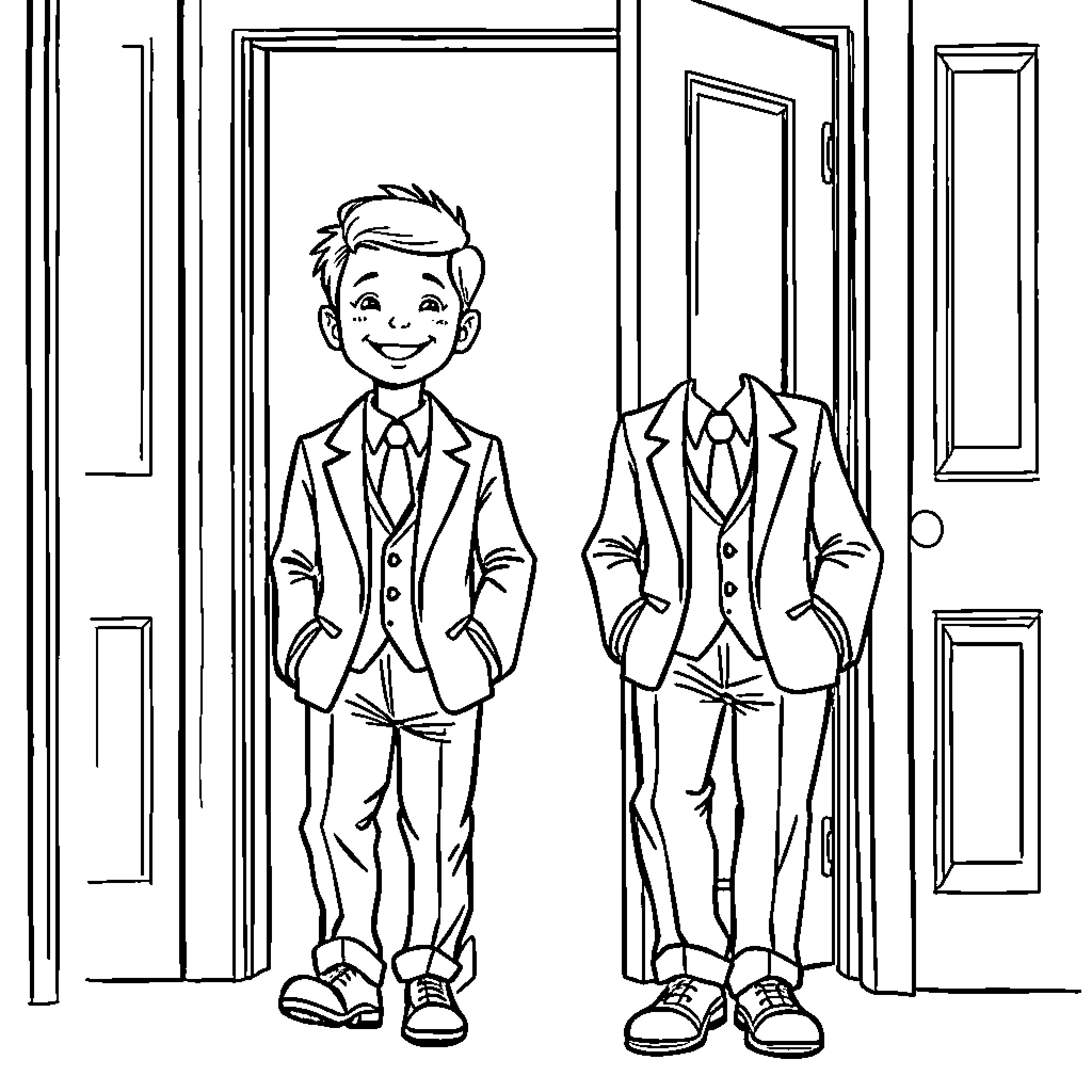 Boy in formal attire standing confidently in doorway Coloring Page (free black-and-white line drawing printable PDF for all, from beginners to advanced learners, including children, teens, adults, and seniors)
