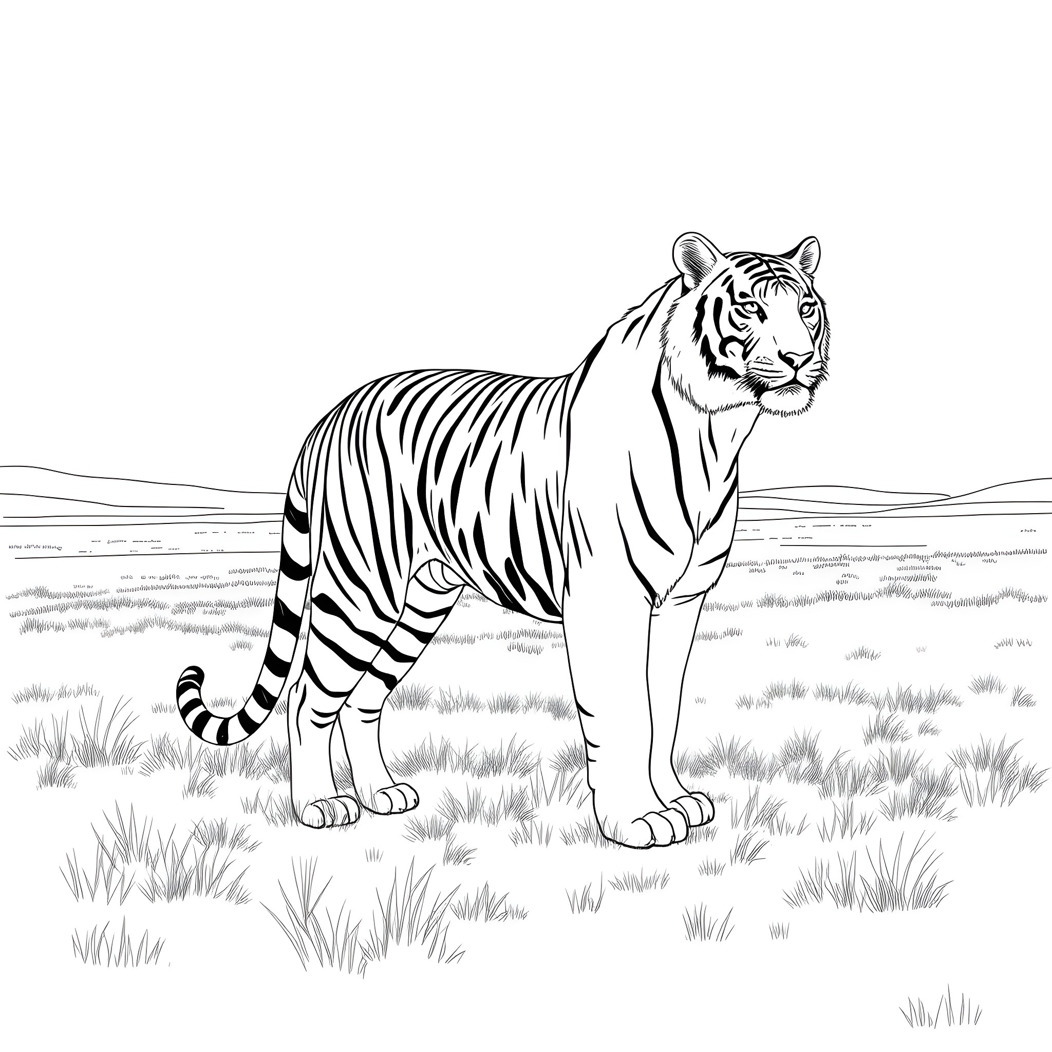 Tiger Standing Majestically in Grassy Field Coloring Page (free black-and-white line drawing printable PDF for all, from beginners to advanced learners, including children, teens, adults, and seniors)