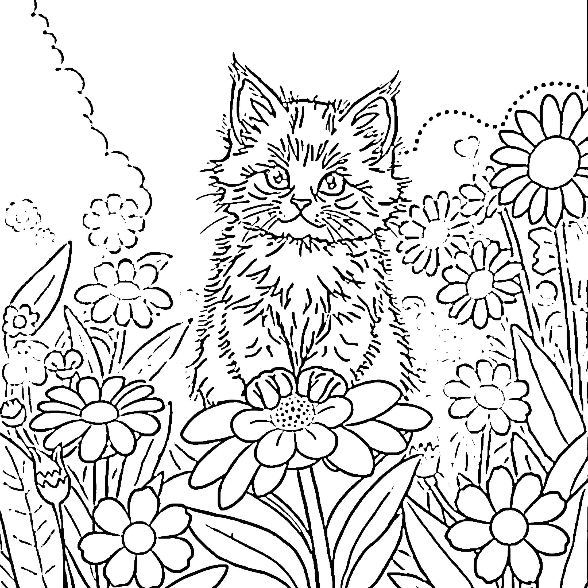 Kitten Among Blooming Flowers Coloring Page (free black-and-white line drawing printable PDF for all, from beginners to advanced learners, including children, teens, adults, and seniors)