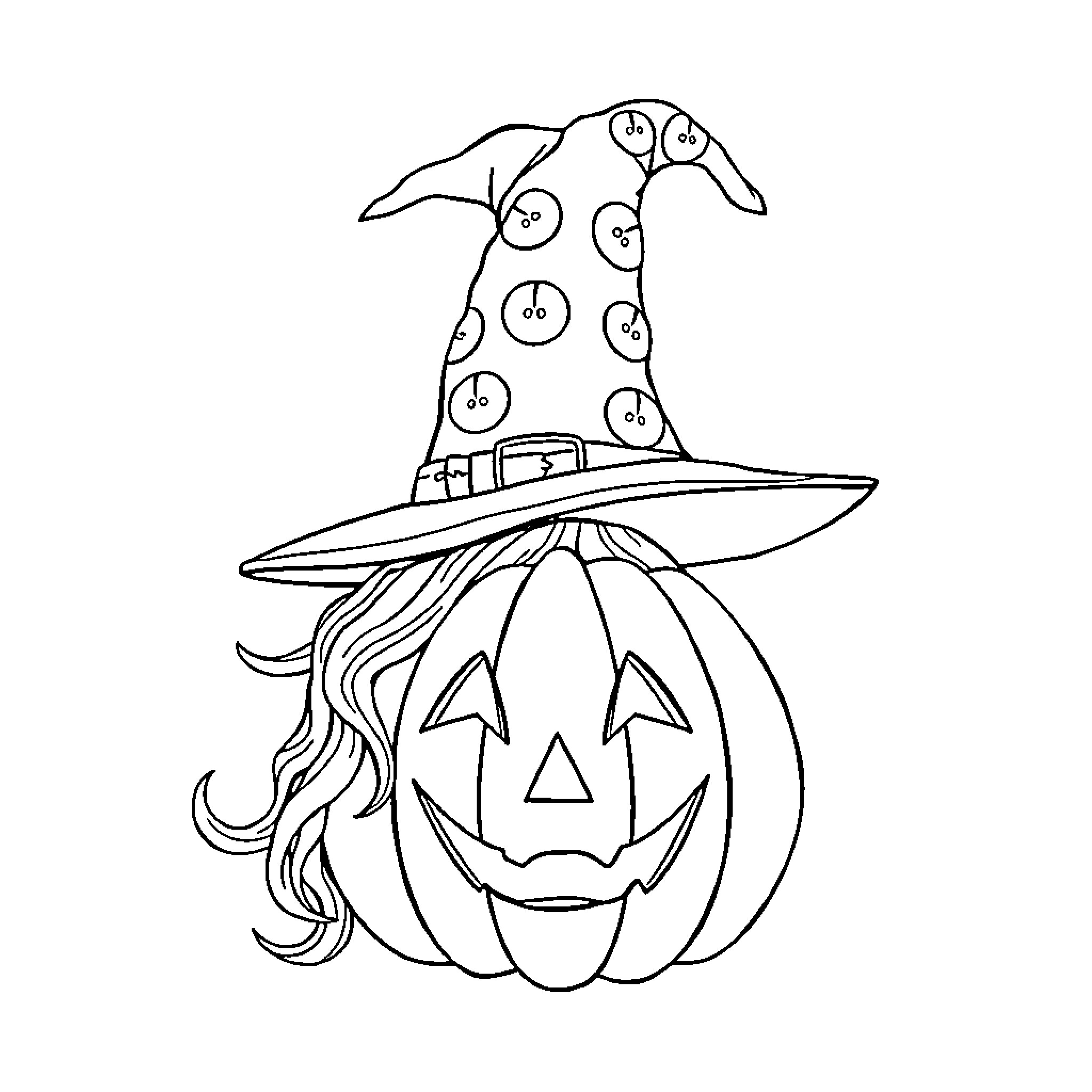 Pumpkin with Witch Hat and Hair Coloring Page (free black-and-white line drawing printable PDF for all, from beginners to advanced learners, including children, teens, adults, and seniors)