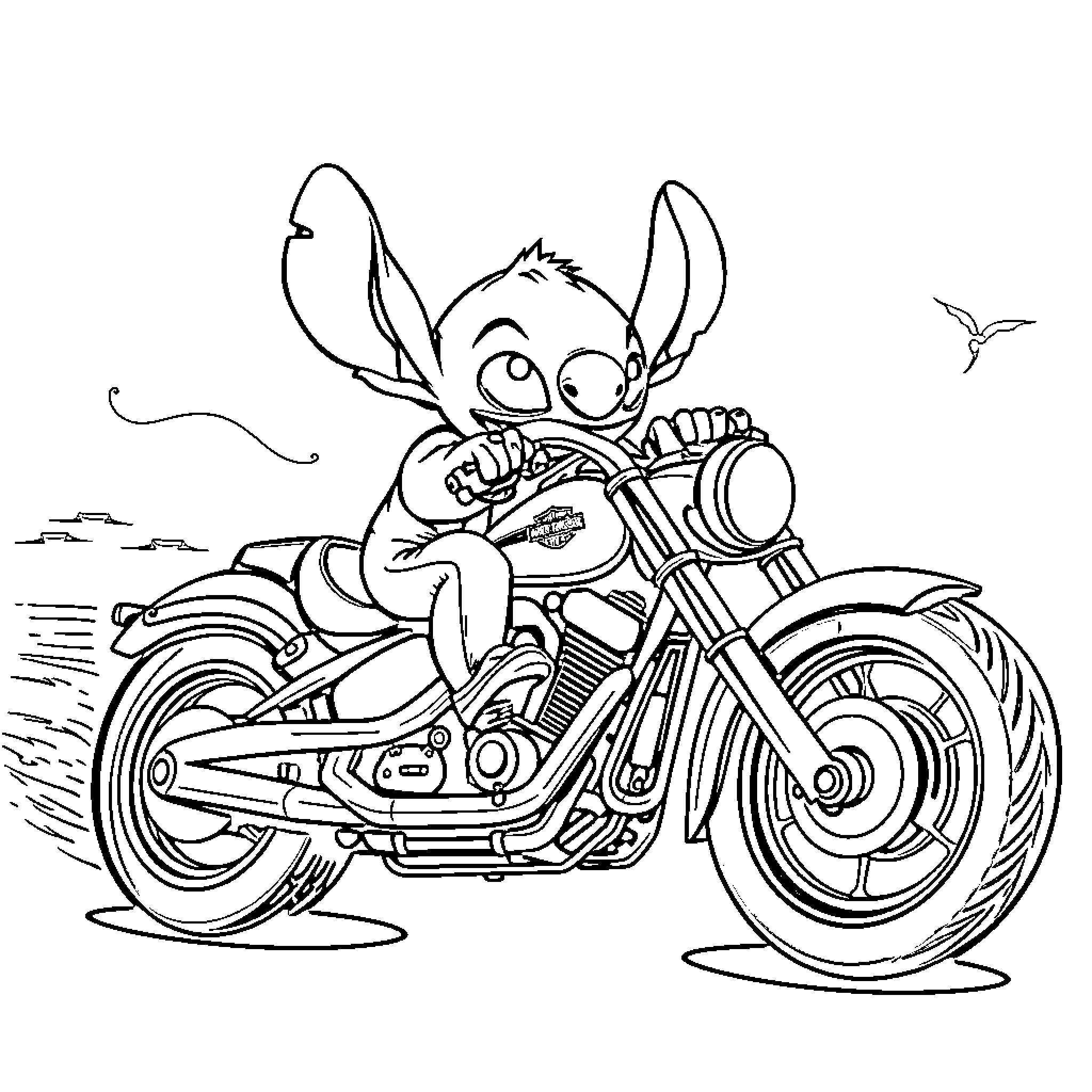 Stitch riding a motorcycle with enthusiasm Coloring Page (free black-and-white line drawing printable PDF for all, from beginners to advanced learners, including children, teens, adults, and seniors)