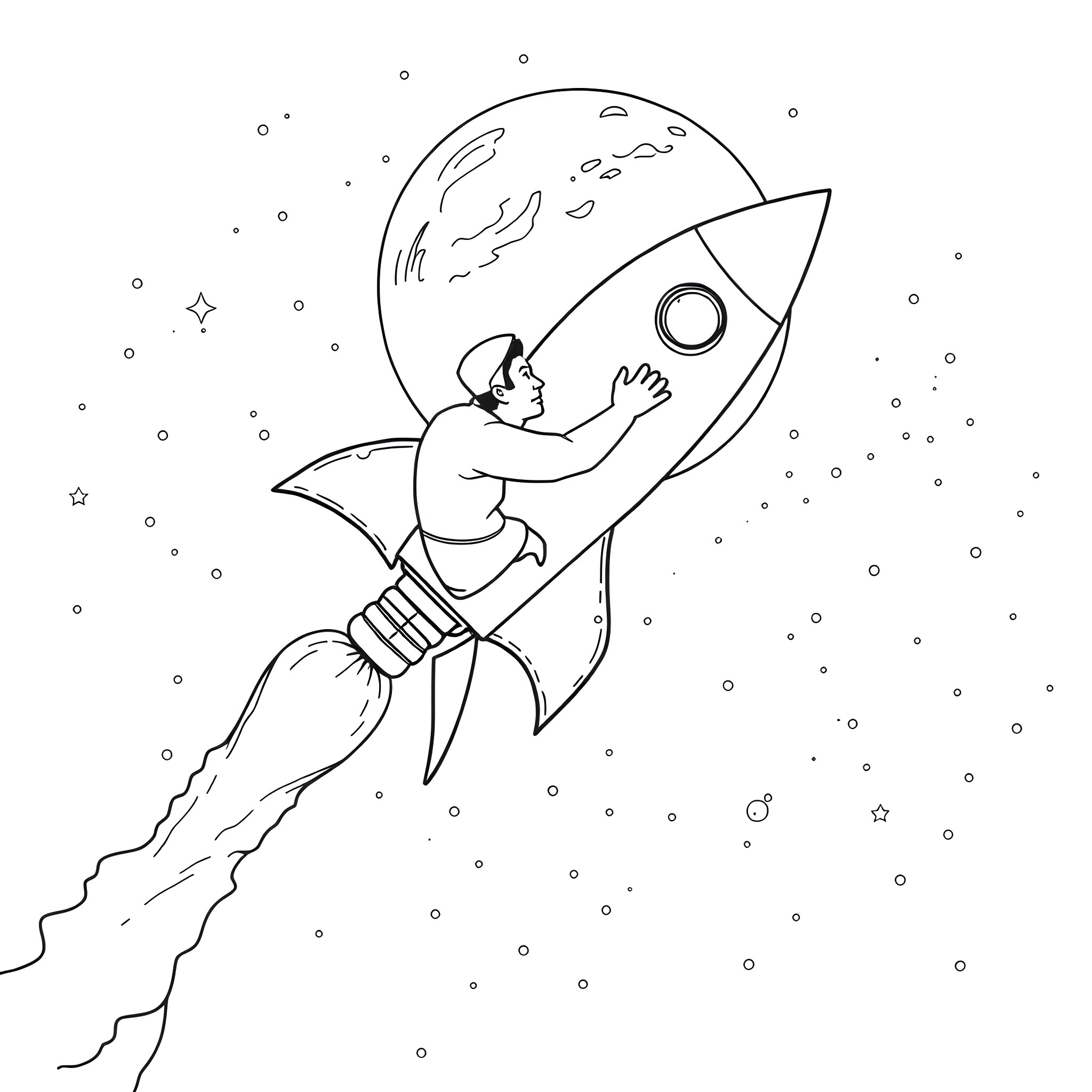 Elon Musk blasting off into space on a rocket Coloring Page (free black-and-white line drawing printable PDF for all, from beginners to advanced learners, including children, teens, adults, and seniors)