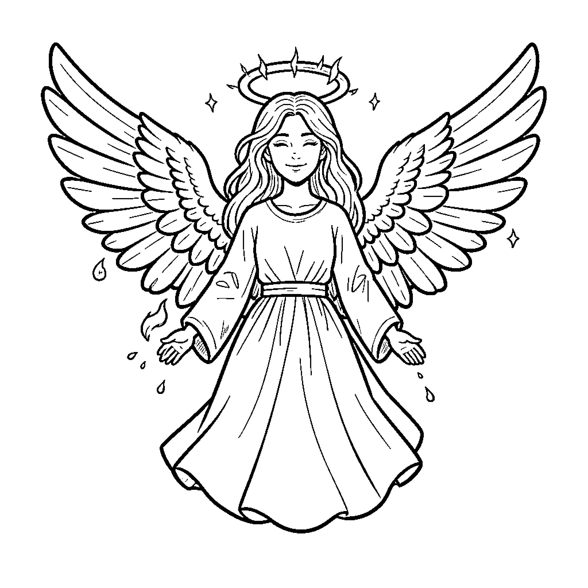 Angel with large wings and a serene expression Coloring Page (free black-and-white line drawing printable PDF for all, from beginners to advanced learners, including children, teens, adults, and seniors)
